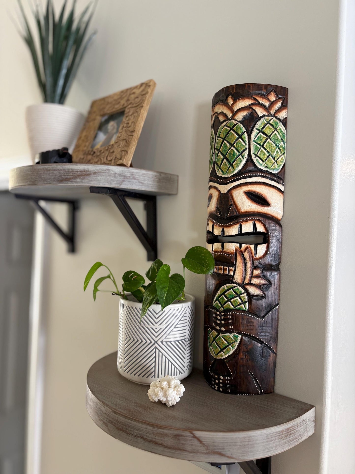 Pineapple Themed Teakwood Lightweight Handcarved and Handpainted Hawaiian Tiki Display