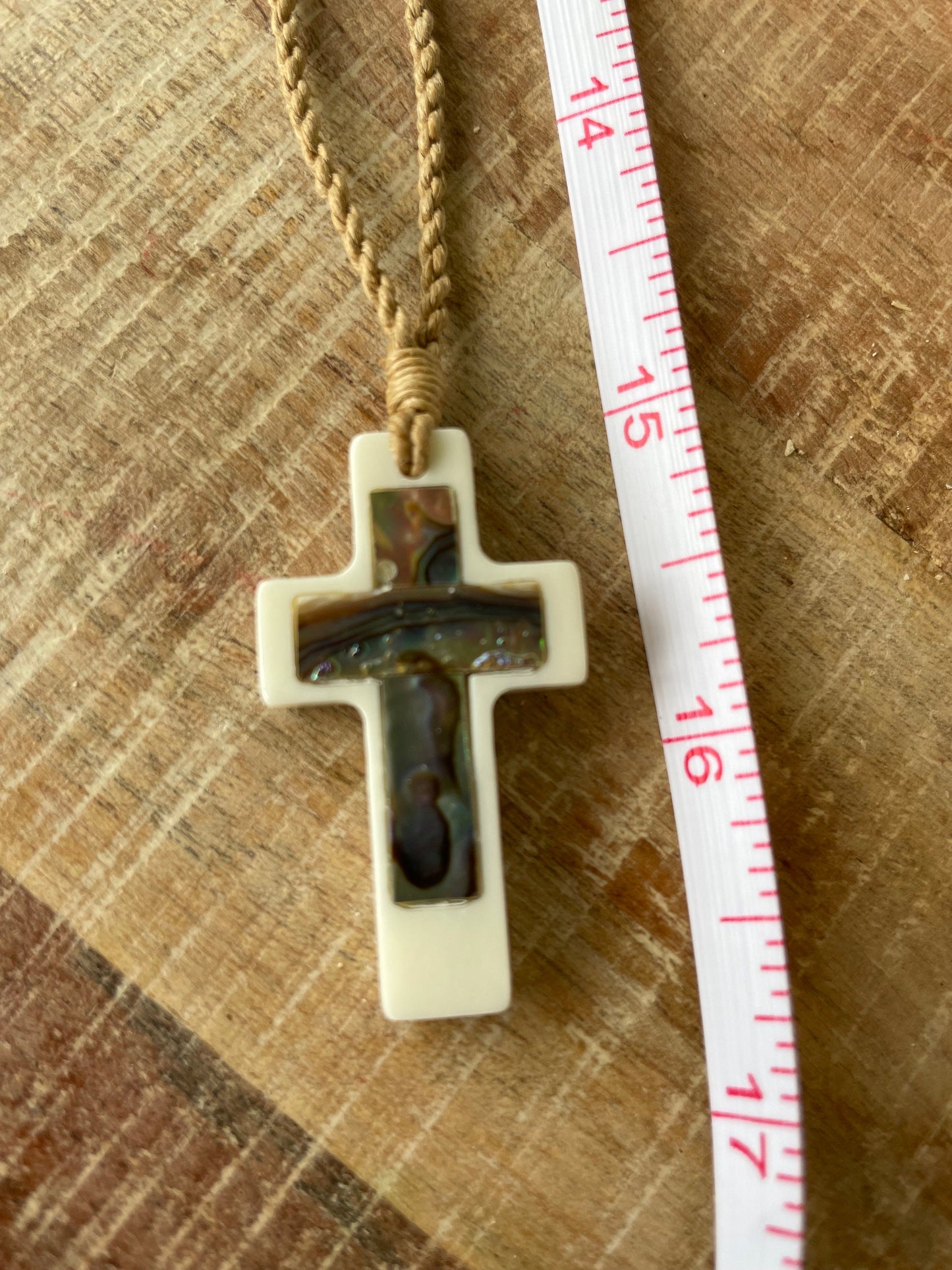 Christian Bone and Abalone Shell Cross Adjustable Necklace Polynesian Handcrafted Surfer Style