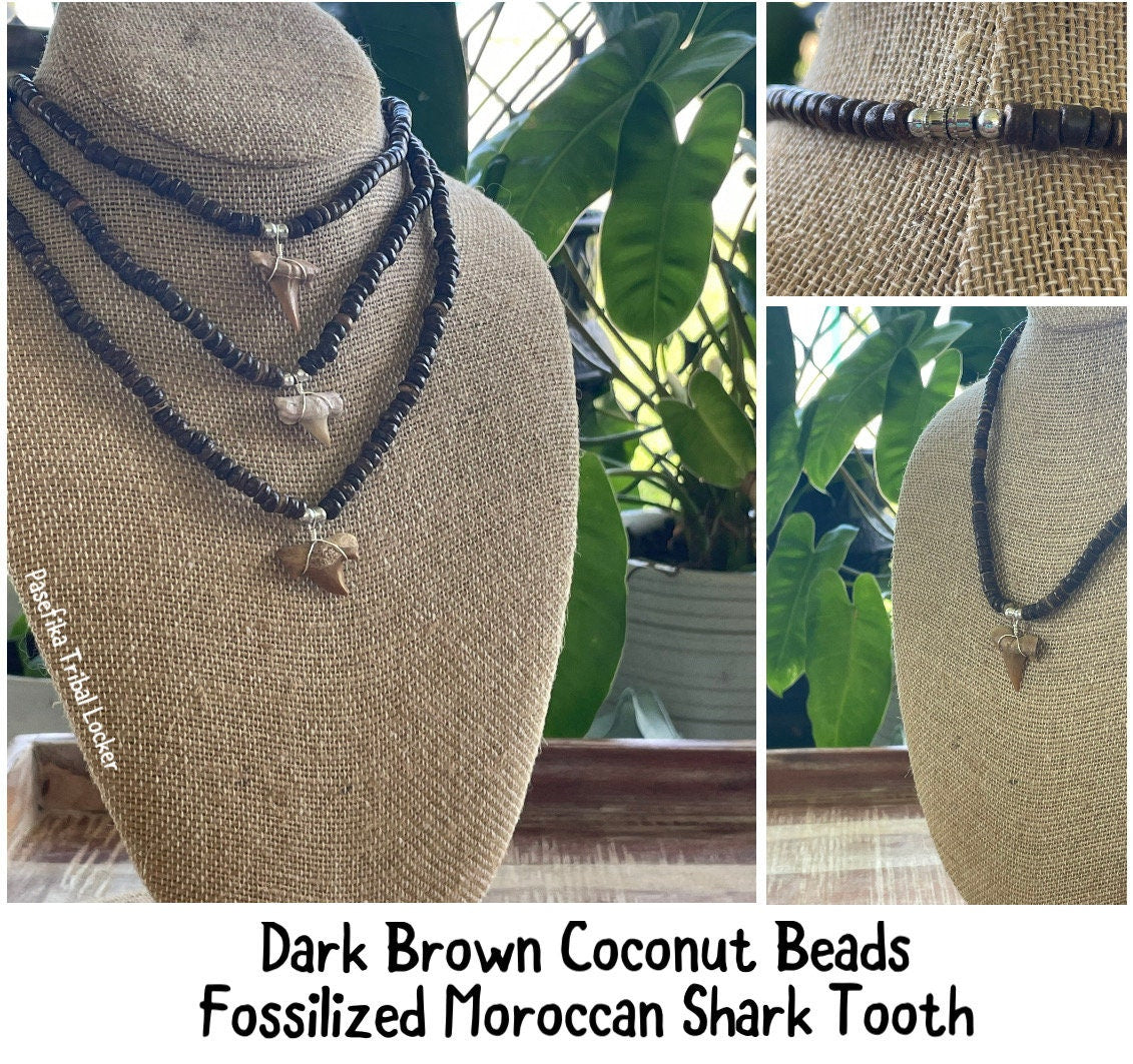 Authentic Mako & Fossilized Moroccan Shark Tooth Necklaces on Coconut Beaded Necklaces with Silver Clasp