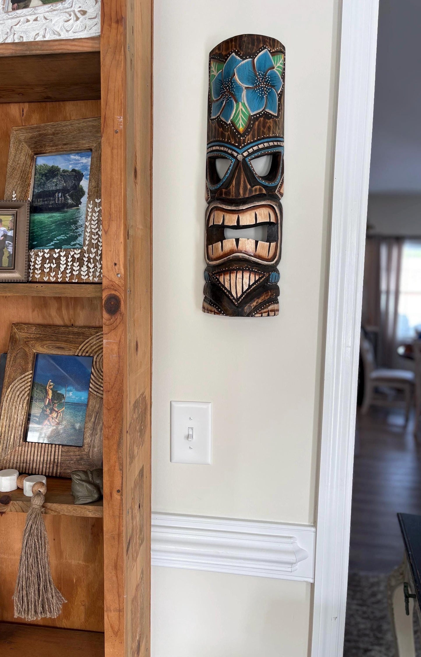 Blue Plumeria Hawaiian Tiki - Lightweight Teakwood Handcarved and Handpainted Display