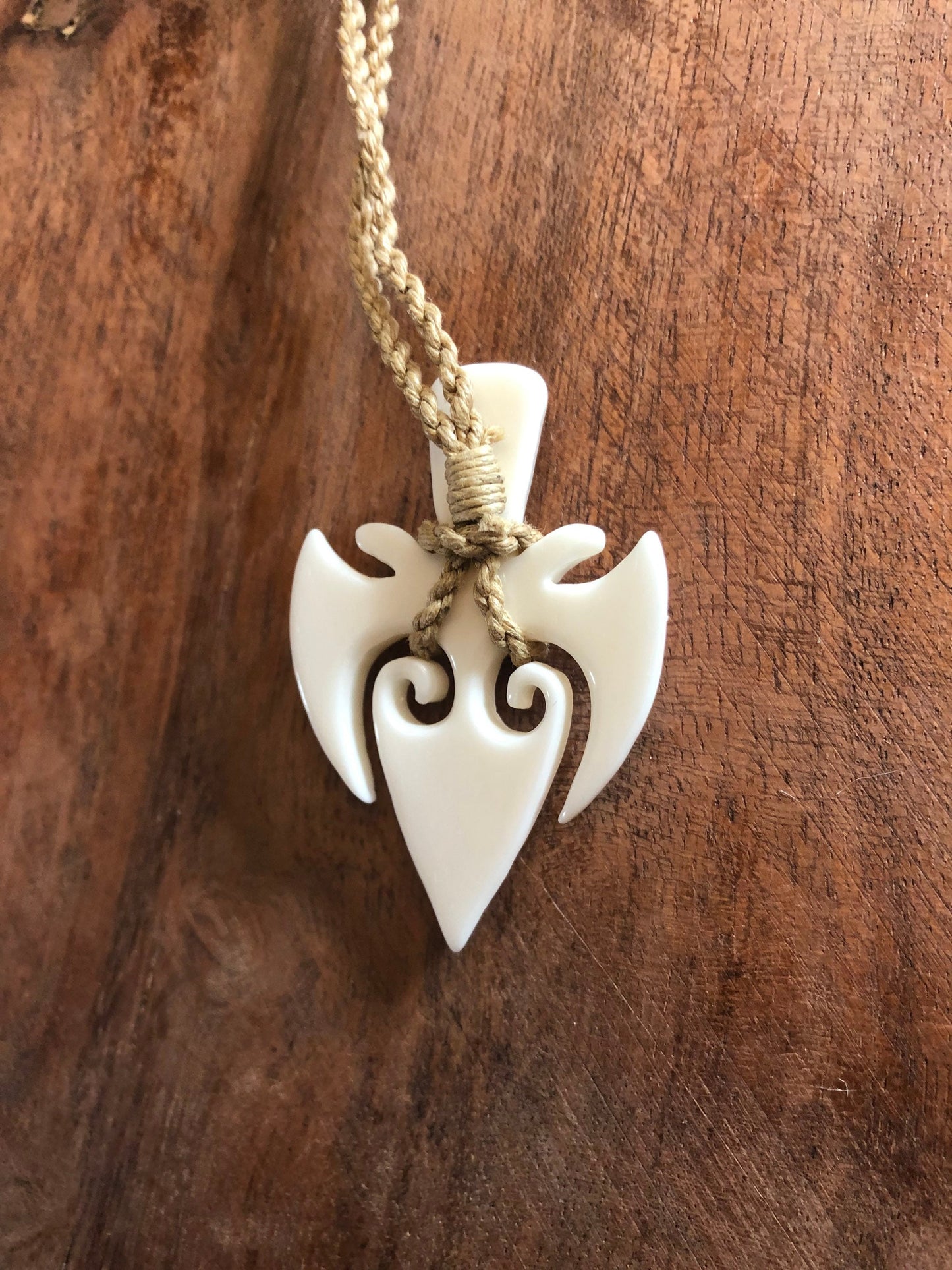 Hand Carved Buffalo Bone Trident Necklace, Adjustable Polynesian Jewelry