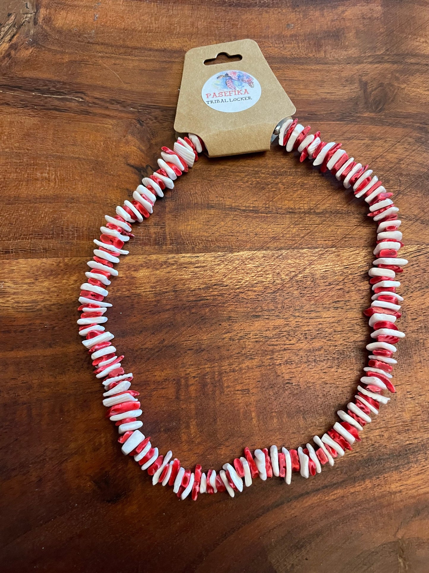 Red and White Puka Shell Necklace - Striped Retro Style, .925 Silver Clasp