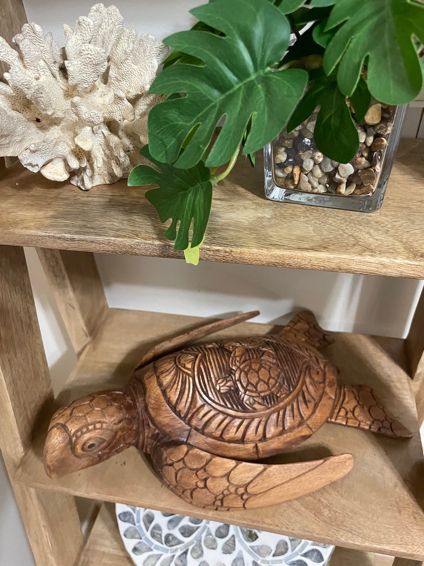 Hand Carved Wood Sea Turtle Decor, Dual Turtle Design, 12 inch