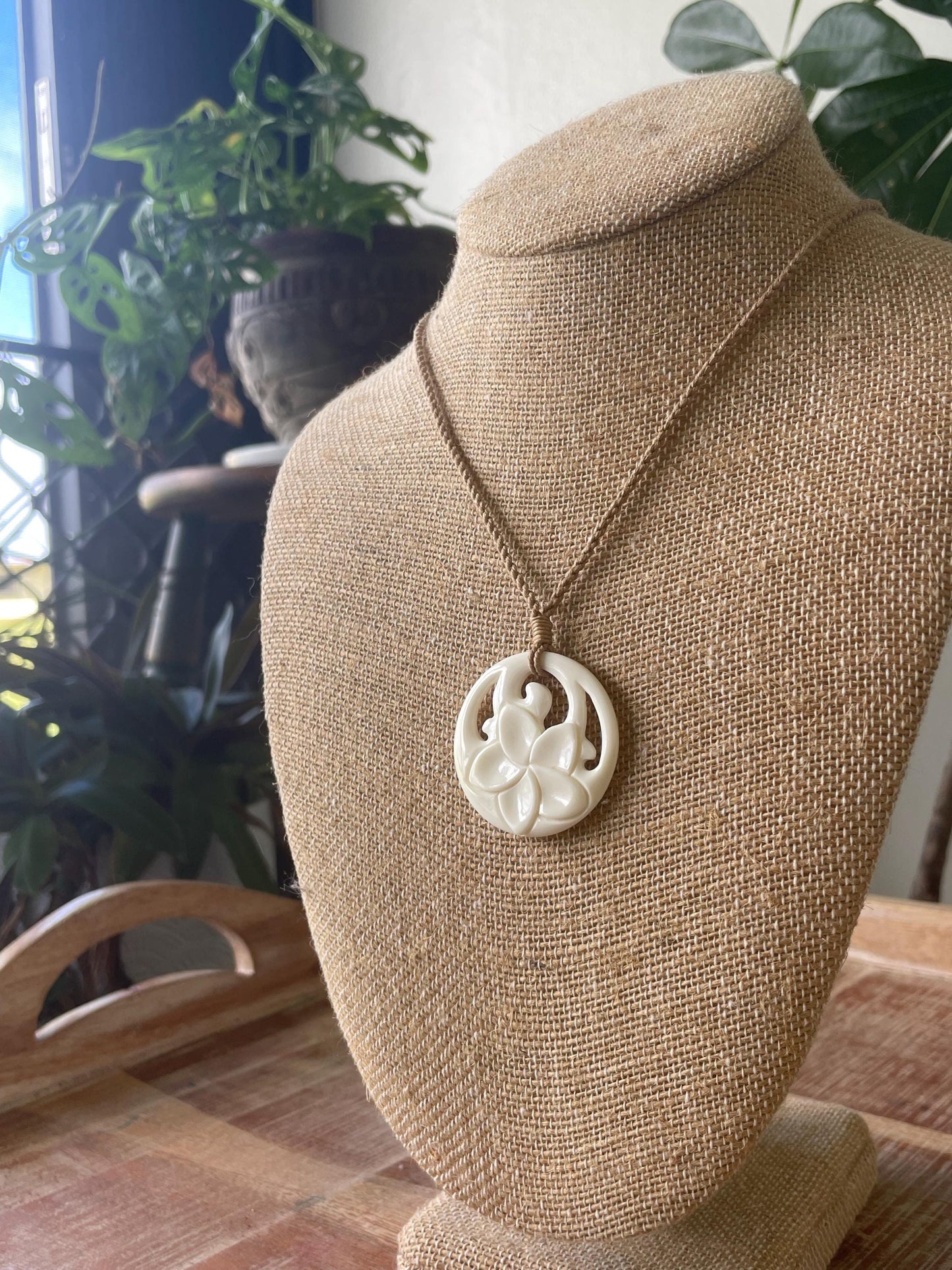 Hand Carved Bone Plumeria Necklace, Polynesian Boho Jewelry