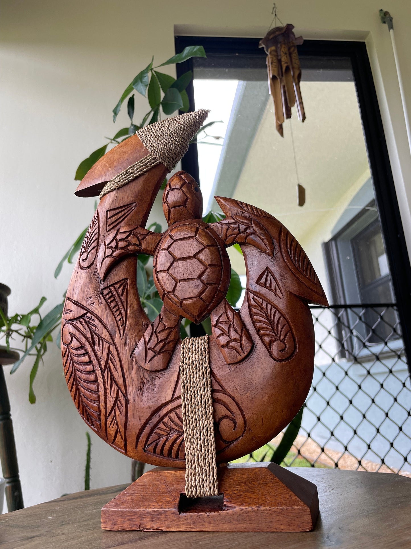 Amazingly Detailed Solid Sea Hibiscus Wood- Hand-Carved Makau with Honu or Sea Turtle on a Base. Beautiful Tribal Designs