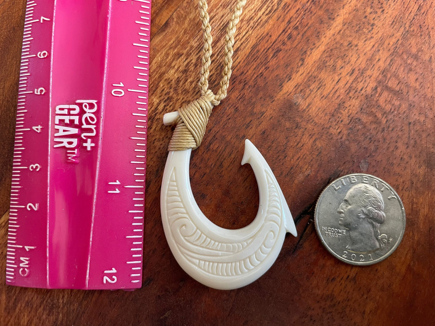 Hand Carved Buffalo Bone Fish Hook Necklace, Hei Makau Koru