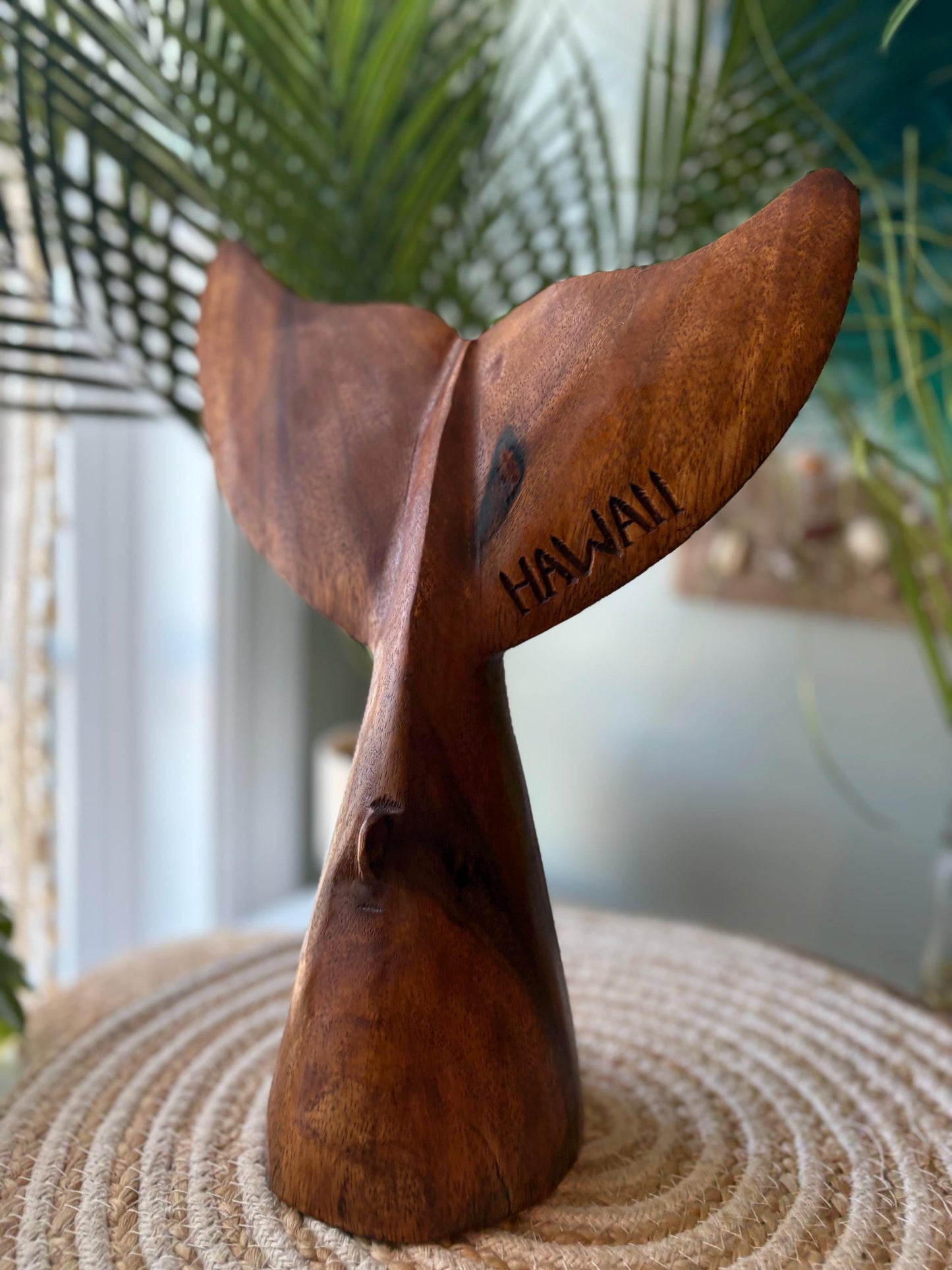 Large Hand-Carved Hibiscus-Wood Whale Tail Sculpture