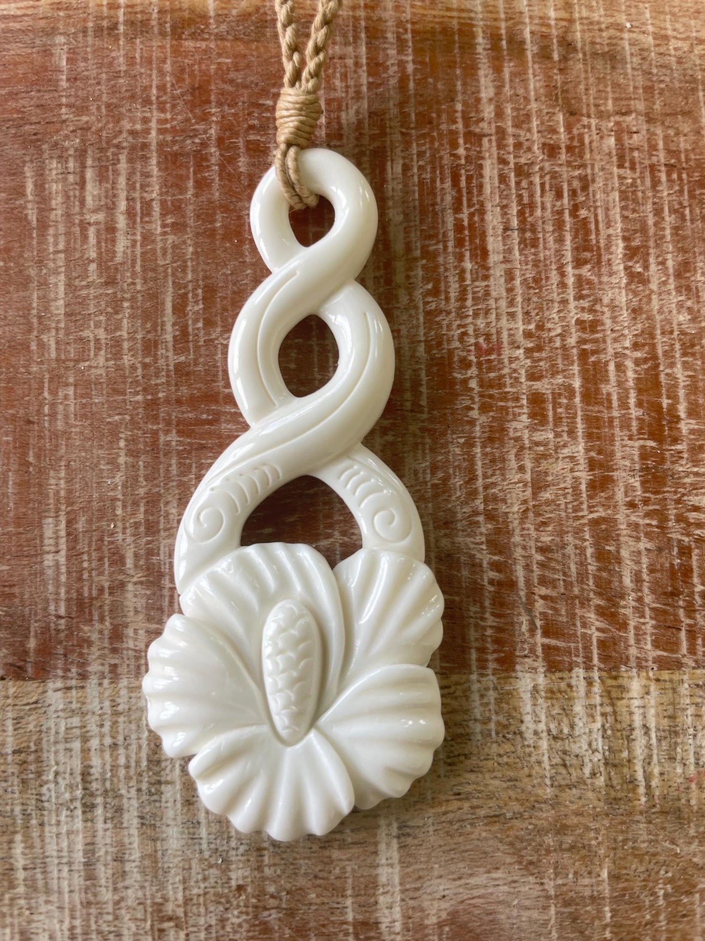 Hand Carved Bone Hibiscus Pendant Necklace - Adjustable Cord, Polynesian Jewelry