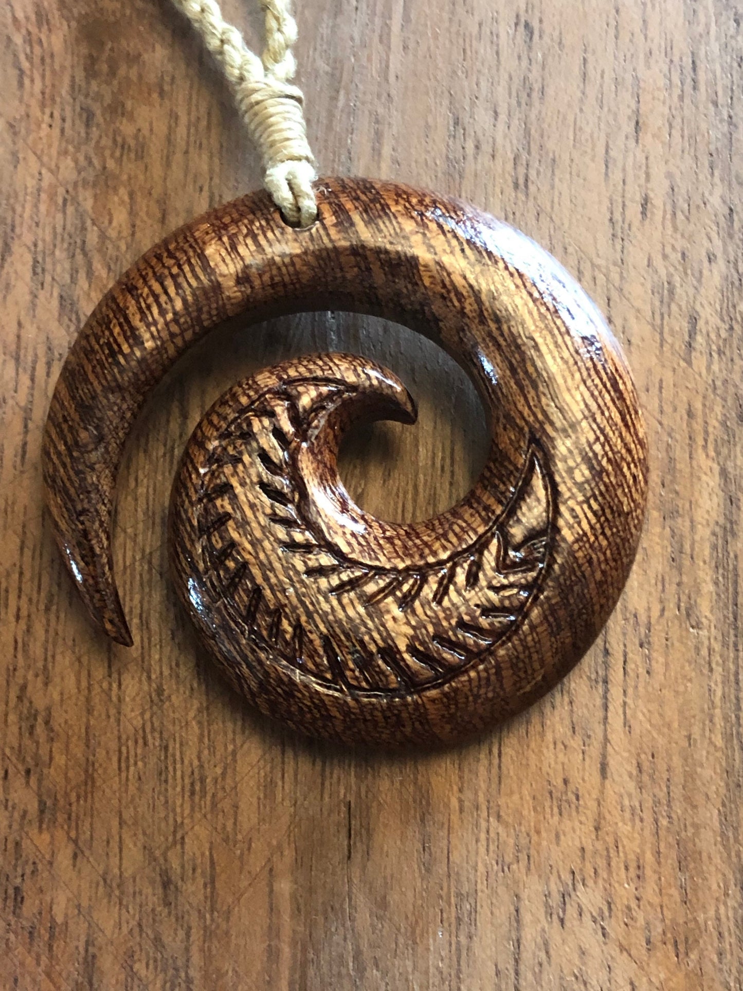 Finely Detailed, Hand-carved Solid Koa Wood Koru or Fern Adjustable Necklace