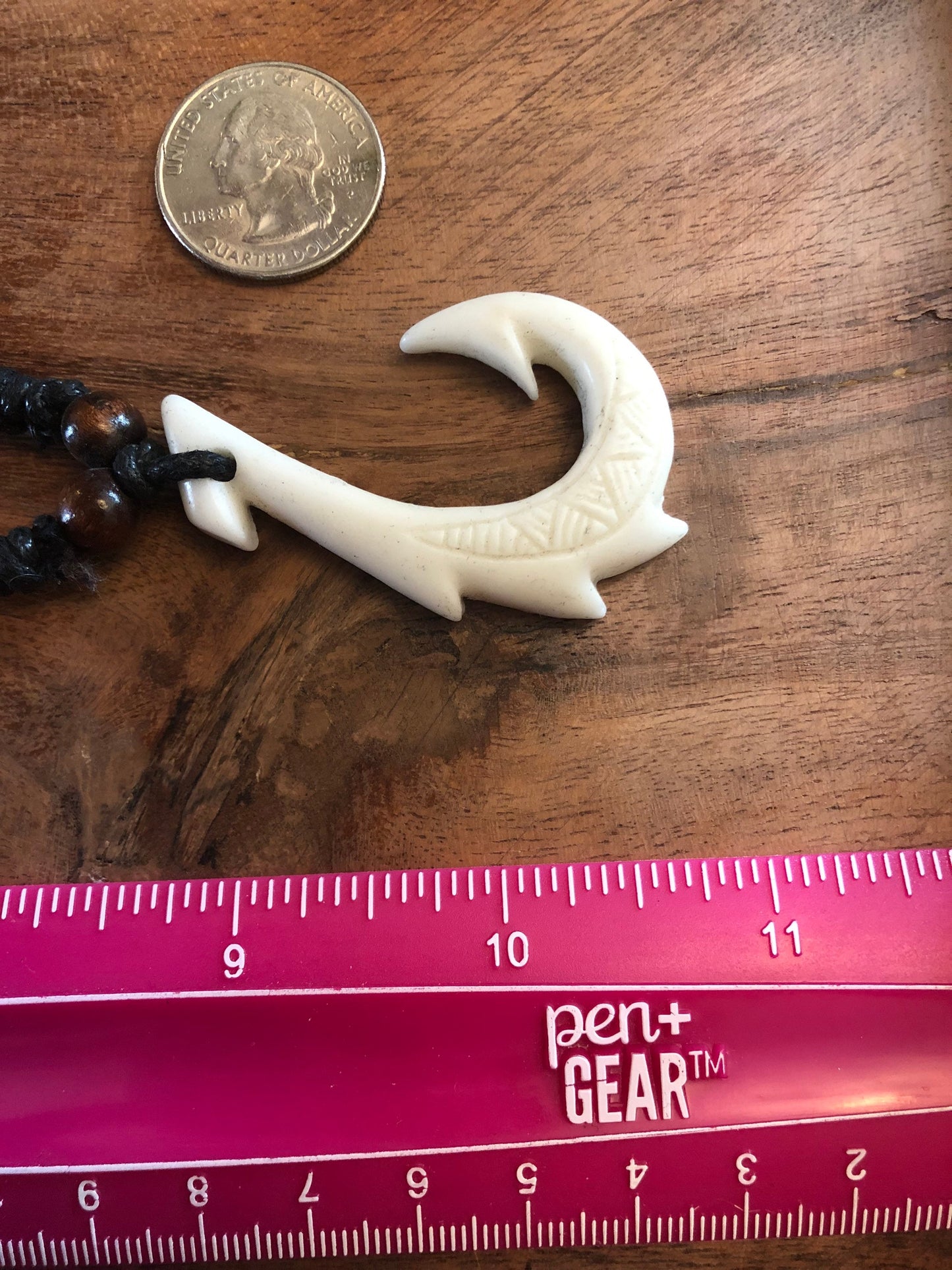 Polynesian Makau Fish Hook Necklace, White Bone Resin, Adjustable Boho Surfer Style
