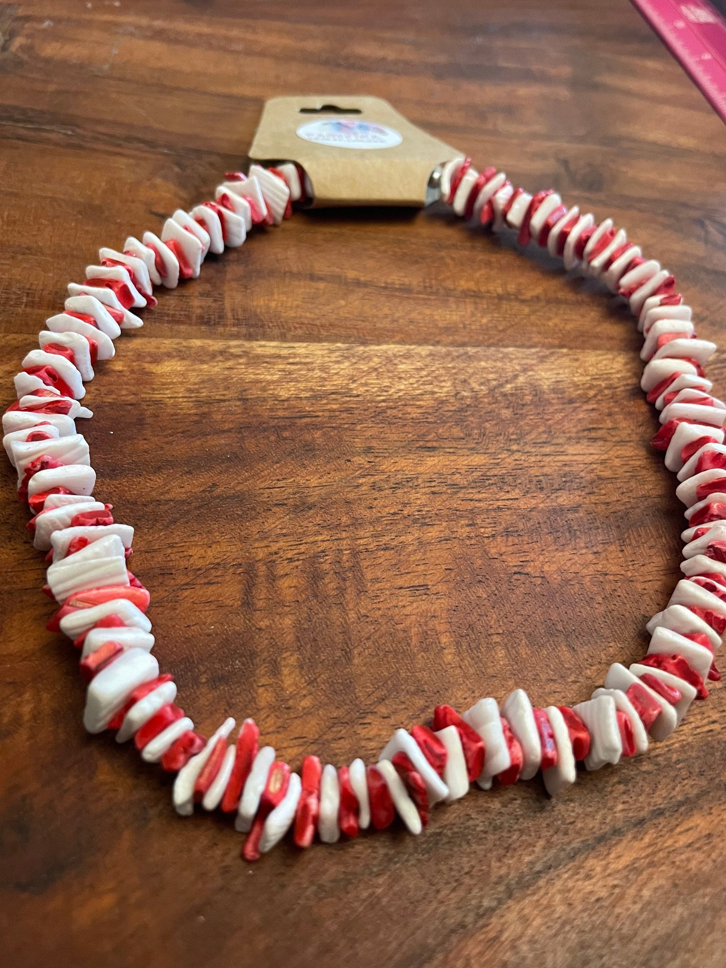 Red and White Puka Shell Necklace - Striped Retro Style, .925 Silver Clasp