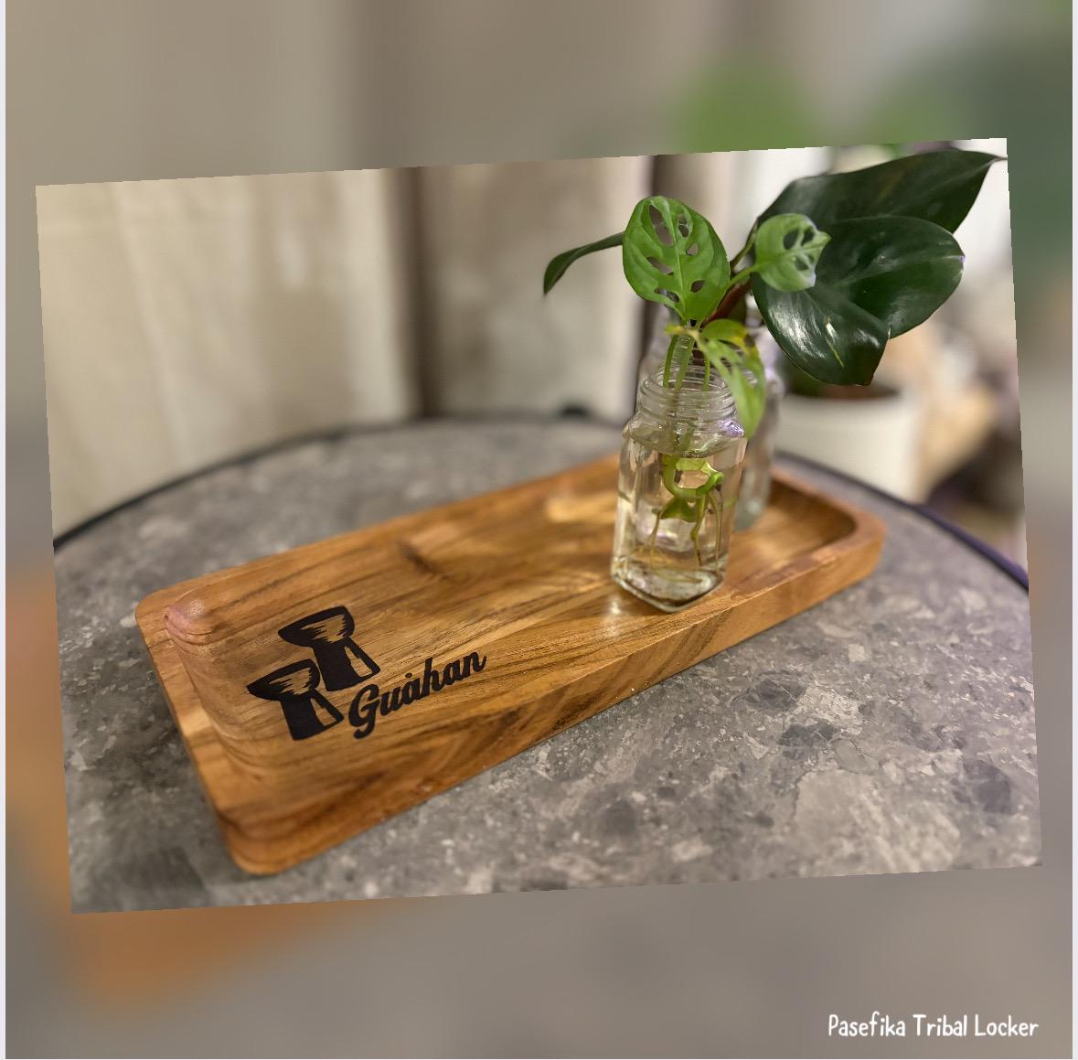 Chamorro Latte Stone Teak Tray: Guahan Engraved Wood Dish