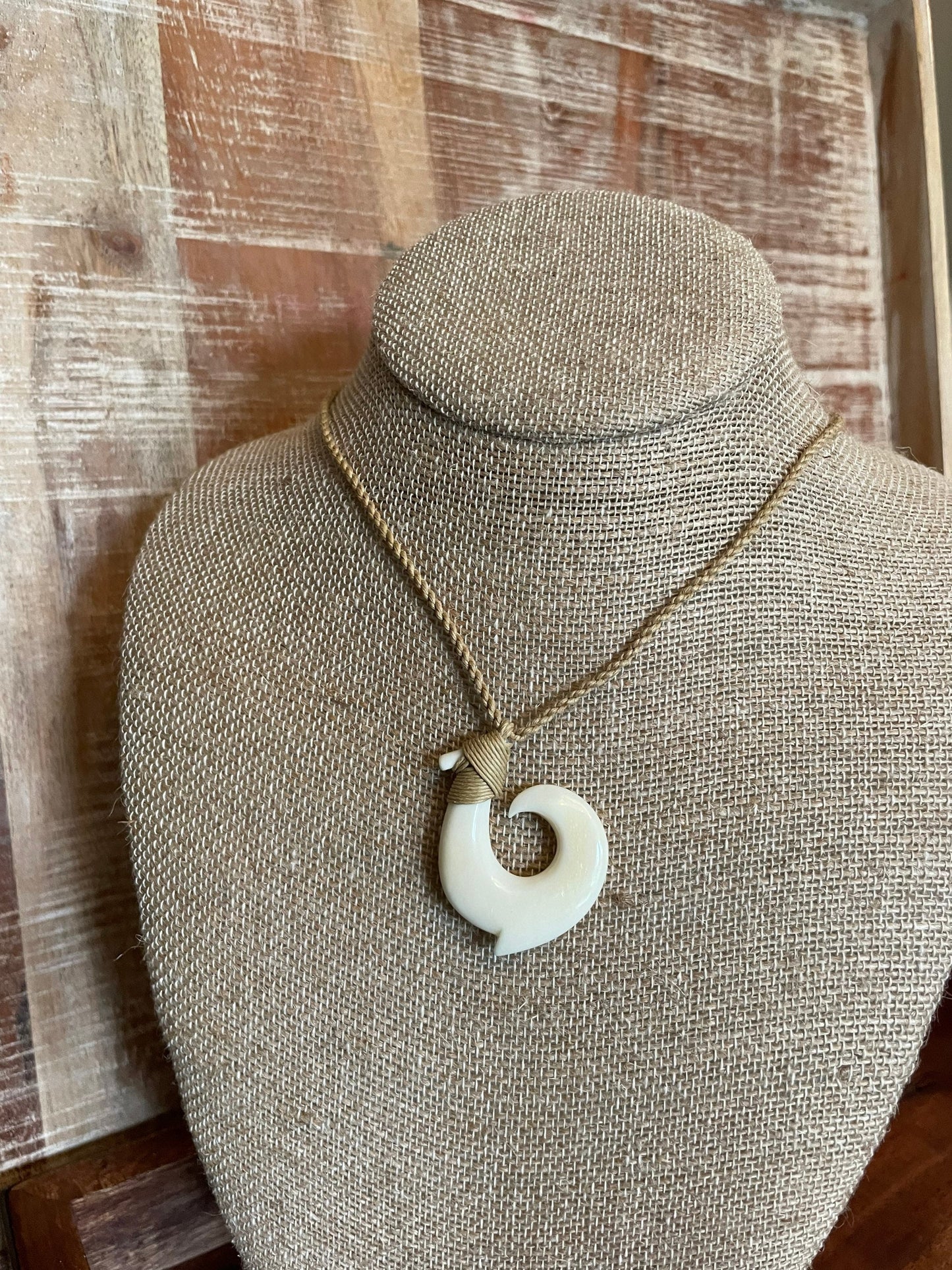 Hand Carved Bone Makau Necklace - Adjustable Polynesian Fish Hook