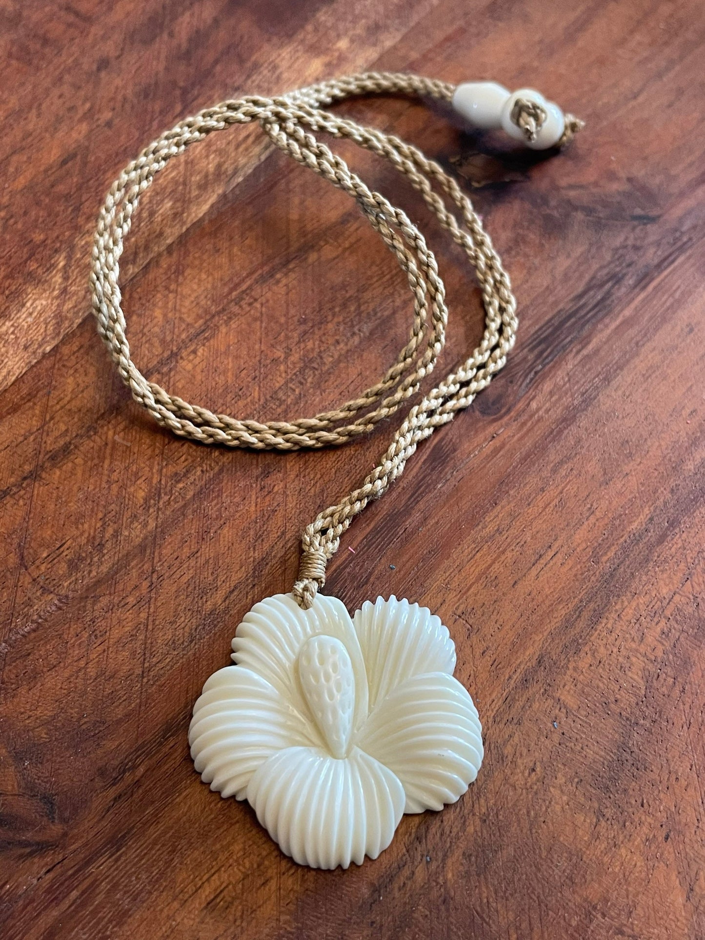 Hand Carved Bone Hibiscus Pendant: Polynesian Boho Necklace