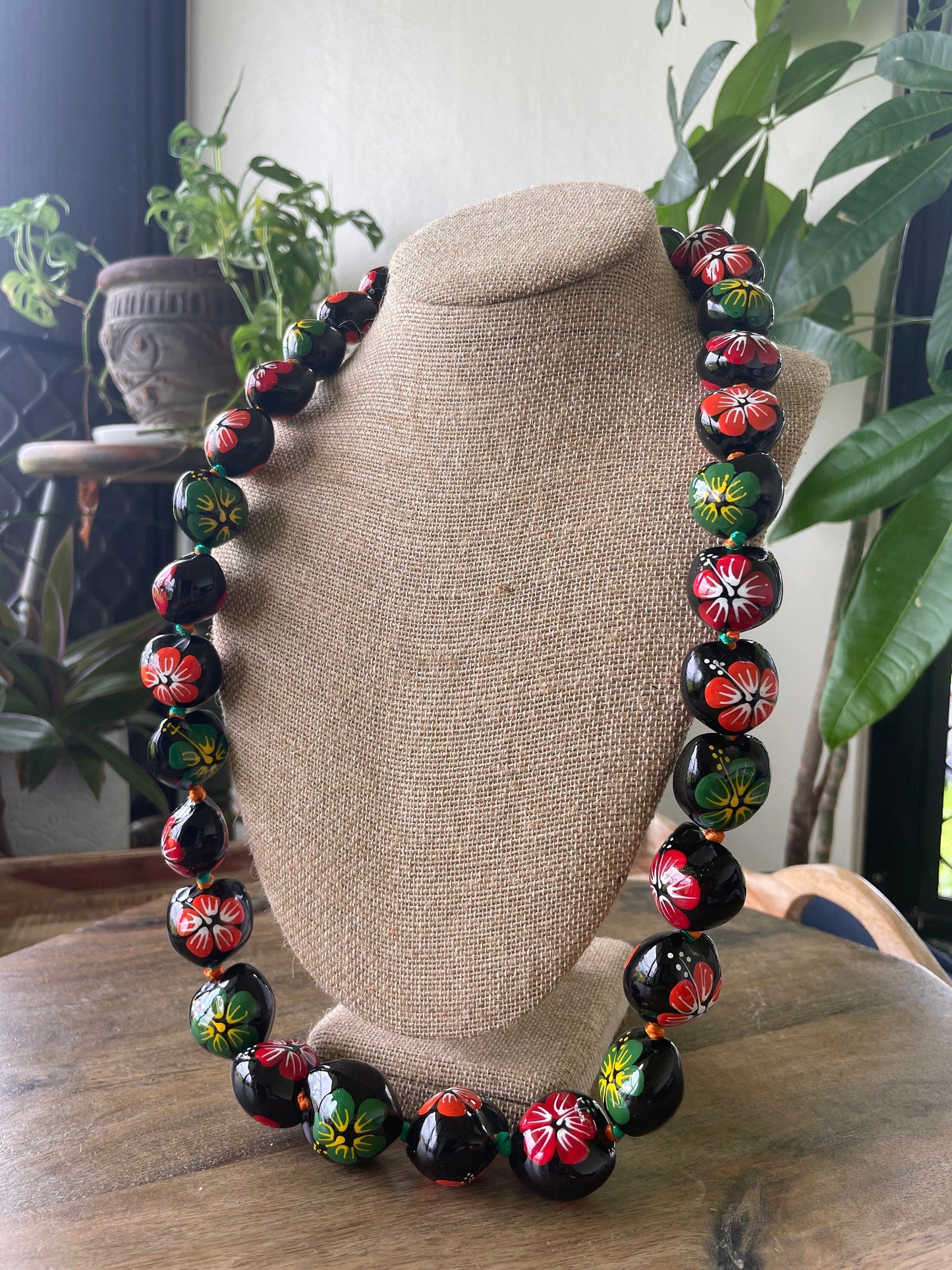 Hand Painted Kukui Nut Lei: Multi-Colored Hibiscus, Ribbon Tie