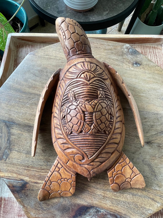 Hand Carved Wood Sea Turtle Decor, Dual Turtle Design, 12 inch