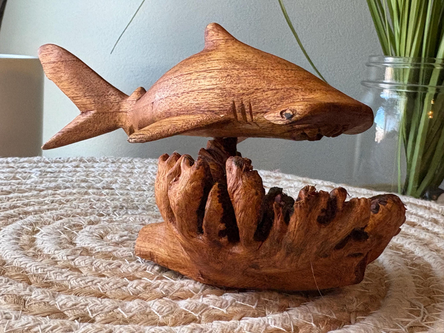 Hand Carved Hammerhead Shark Sculpture on Leech Wood Base