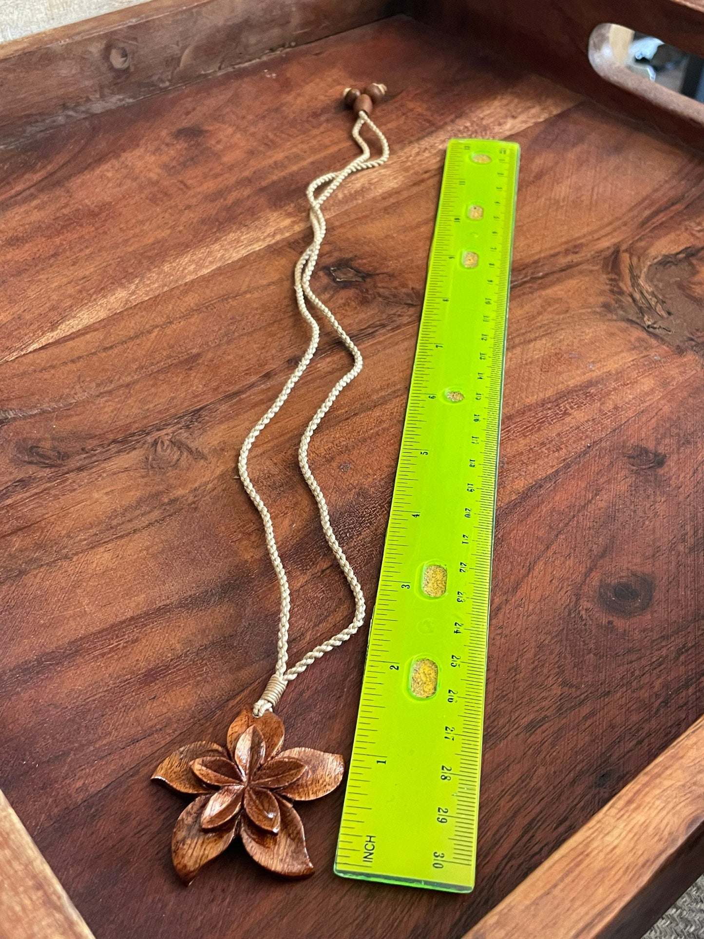 Hand Carved Koa Wood Plumeria Necklace - Adjustable Hemp Cord