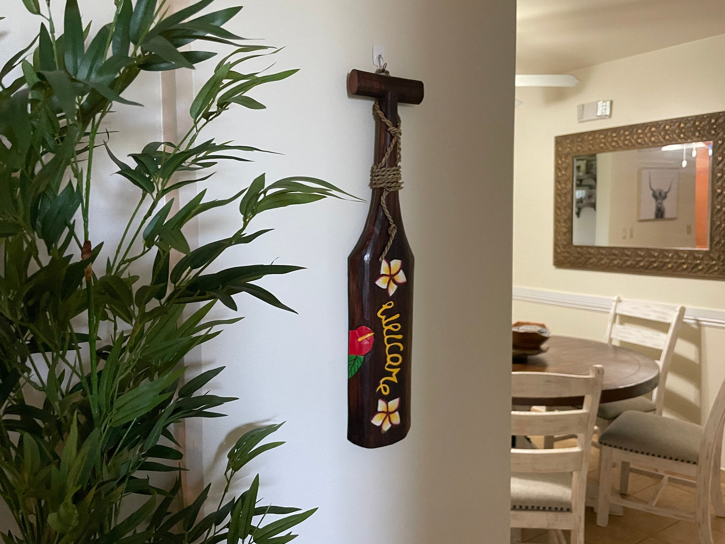 Hand Carved and Brightly Hand Painted Solid Wood Welcome Hawaiian Paddle Adorned with Flowers