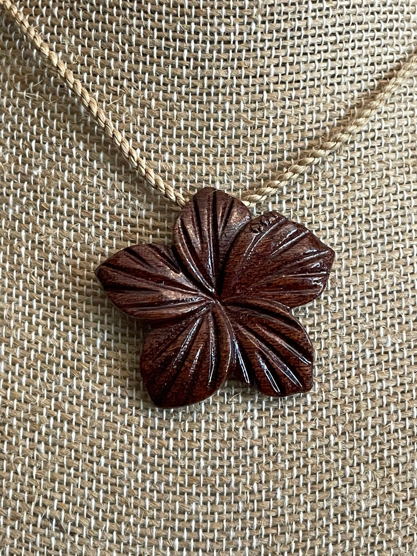 Hand Carved Koa Wood Plumeria Necklace - Adjustable Hemp Boho Jewelry