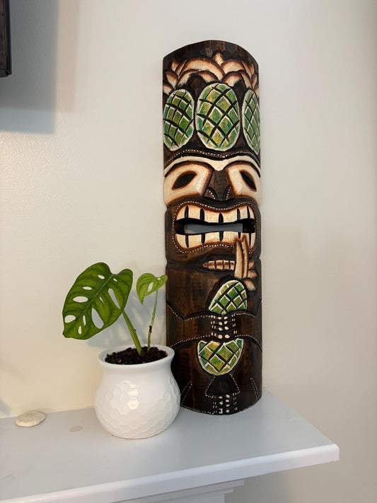 Pineapple Themed Teakwood Lightweight Handcarved and Handpainted Hawaiian Tiki Display
