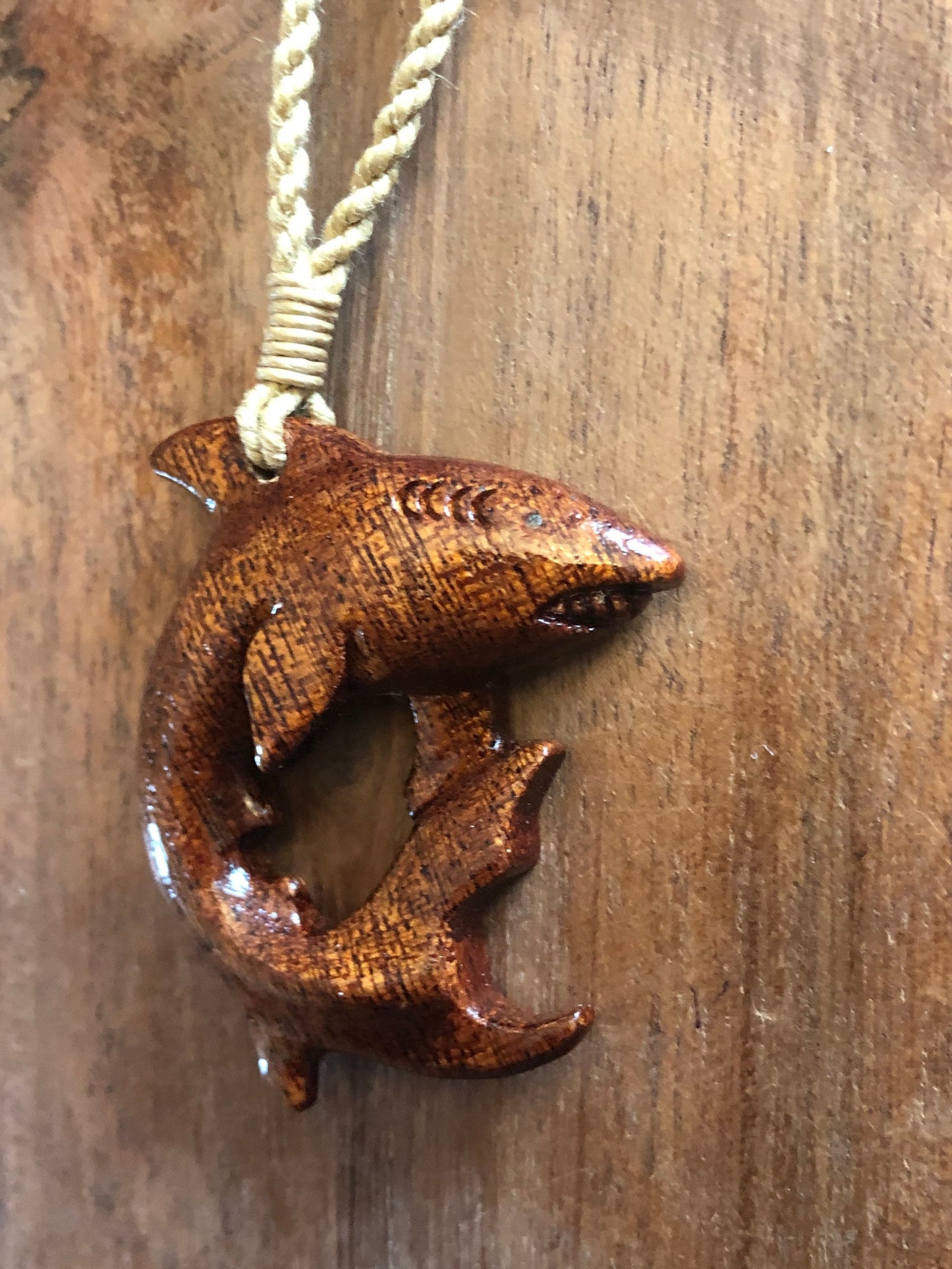 Oceanic Wildlife Art- Solid Koa Wood Handcarved Shark Adjustable Necklace