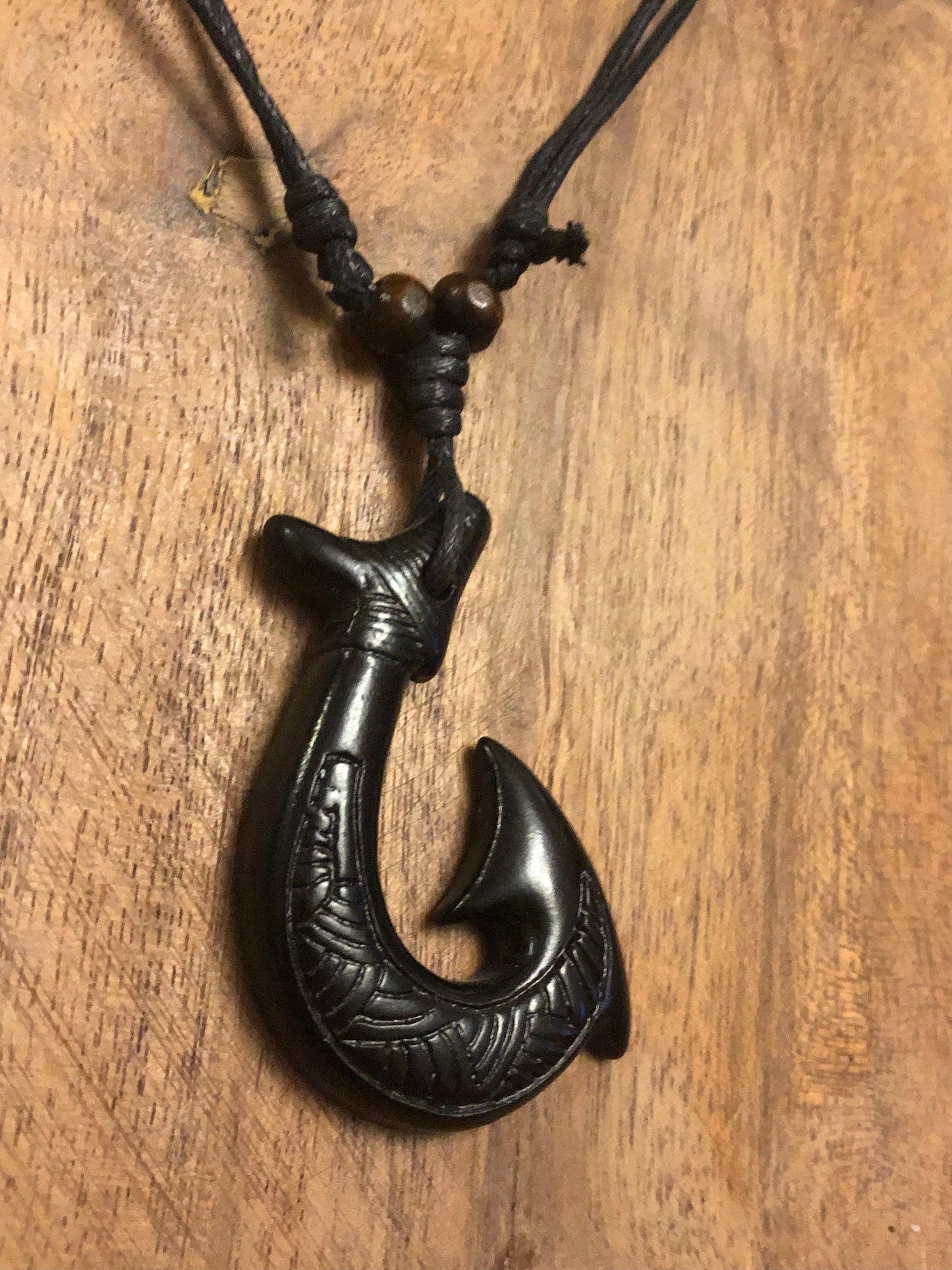 Tribal Styled Polynesian Handcrafted Makau or Fish Hook Adjustable Bone and Resin Necklace