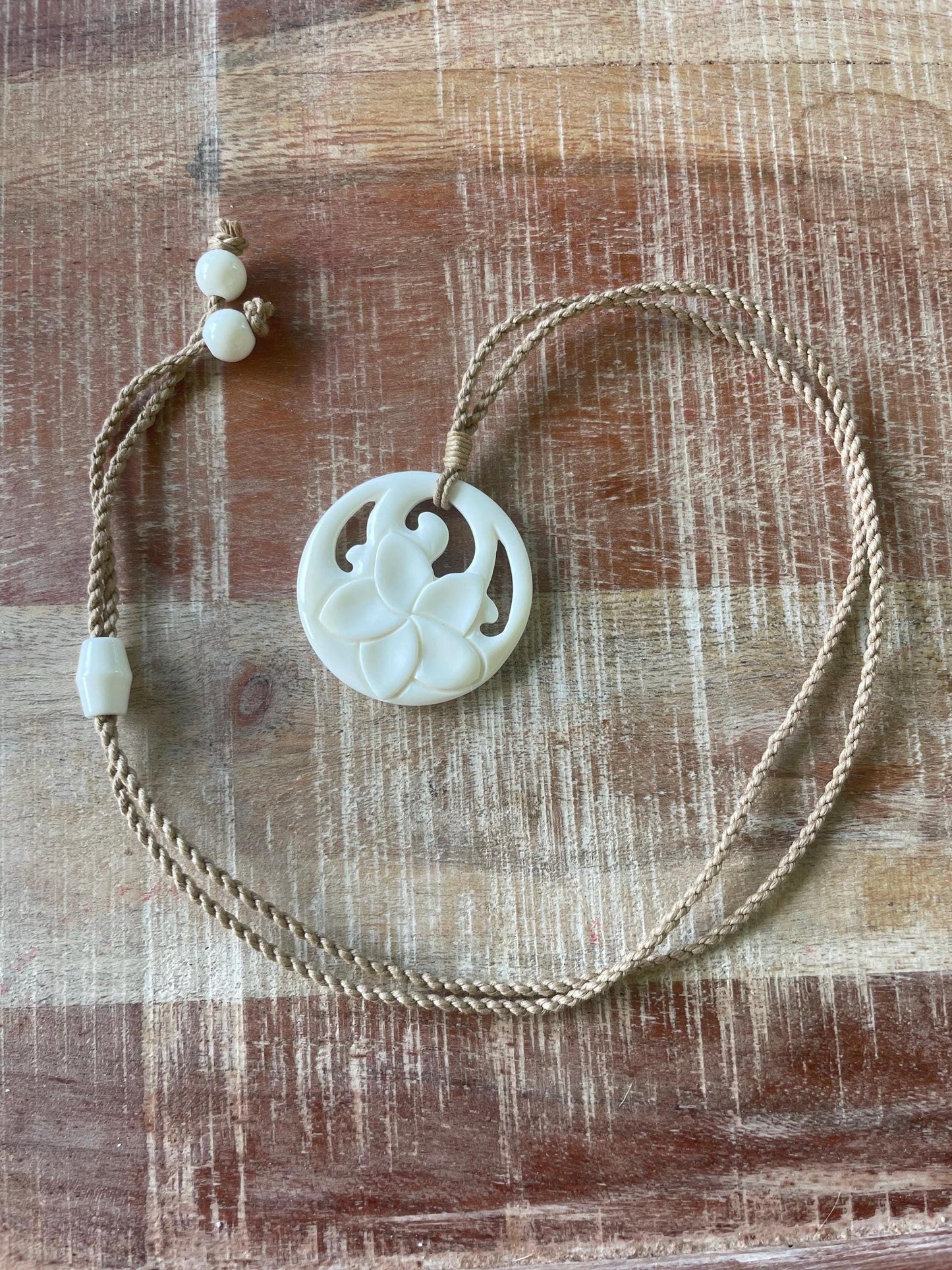 Hand Carved Bone Plumeria Necklace, Polynesian Boho Jewelry