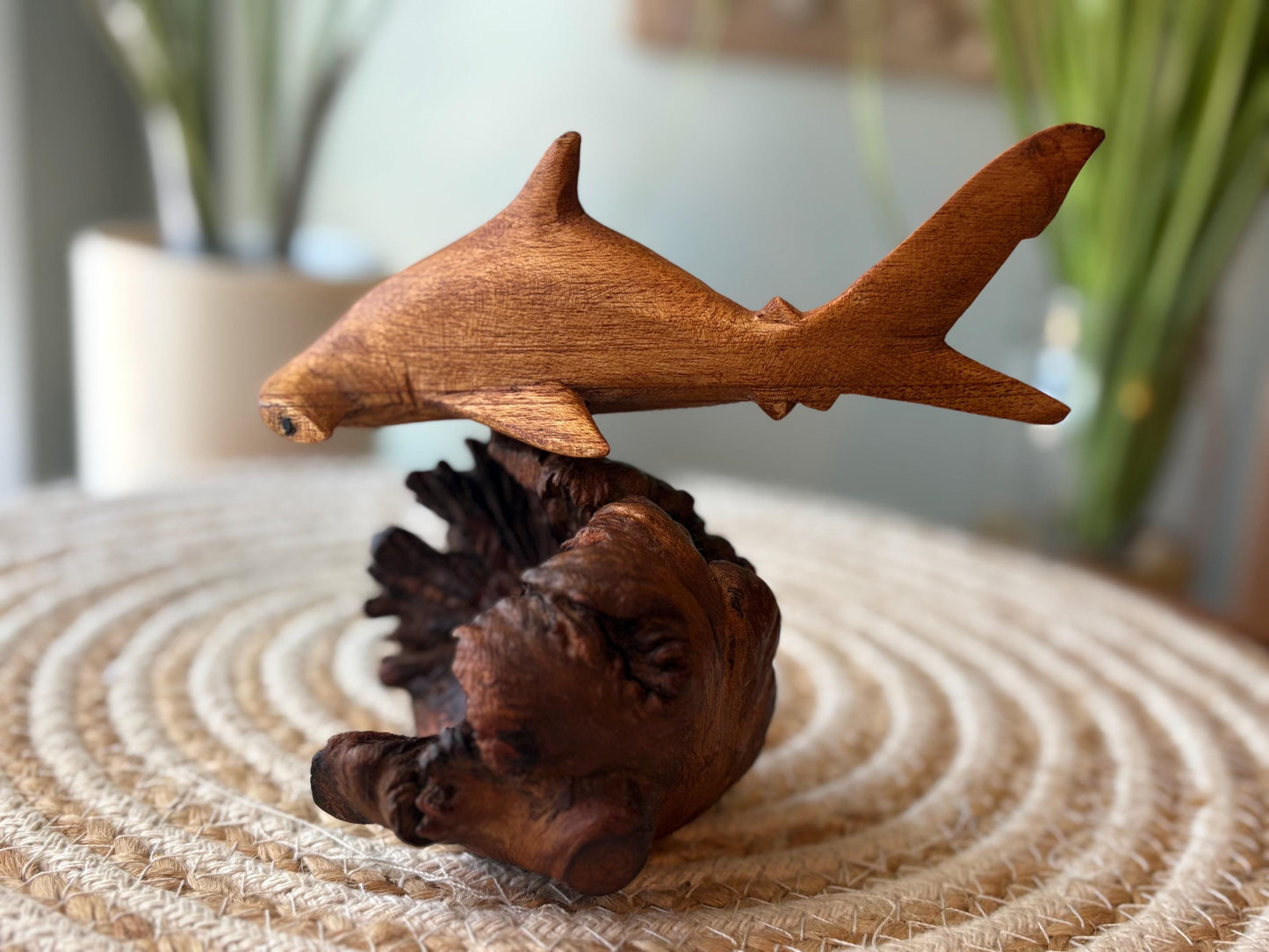 Hand Carved Hammerhead Shark Sculpture on Leech Wood