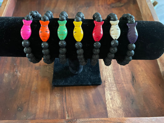 Authentic Lava Bead Elastic Bracelet with Clay Fish Bead