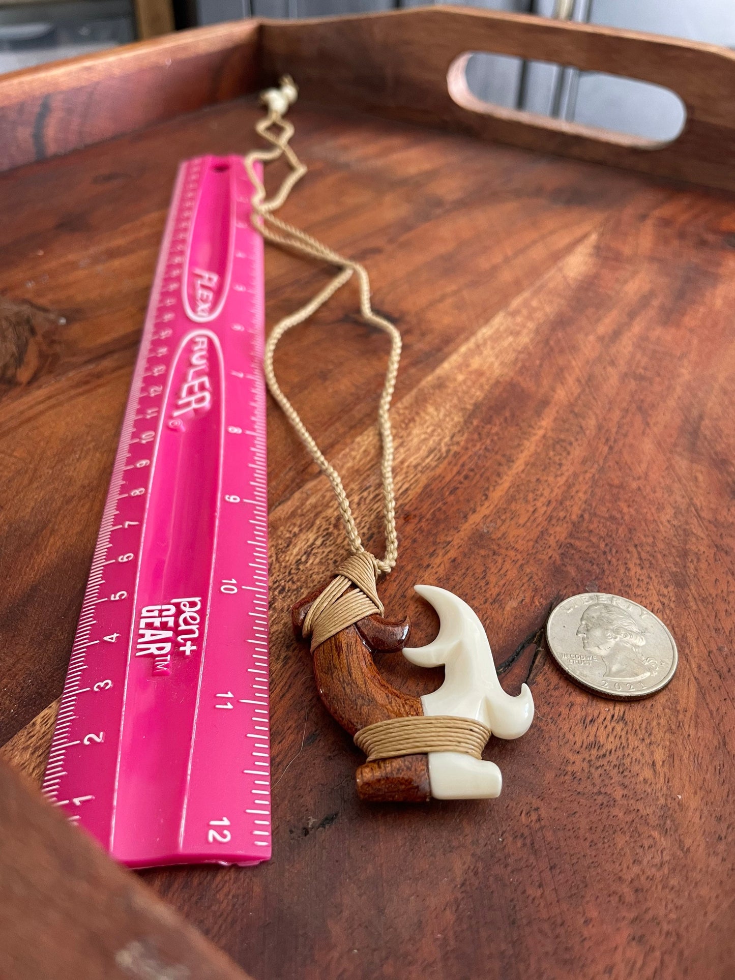 Hand Carved Koa Wood Fish Hook Necklace - Buffalo Bone Makau