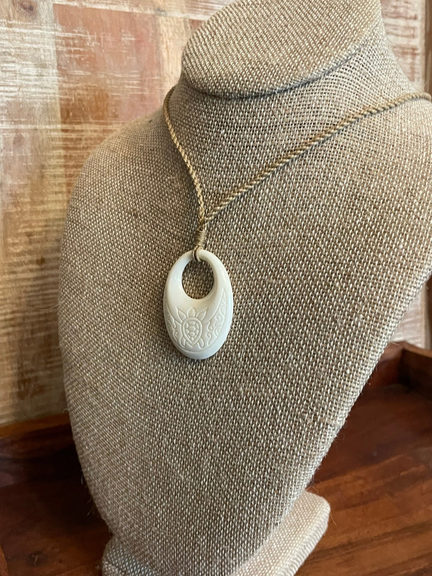Solid Bone Handcarved Pendant with Sea Turtle, Honu, Engraved - Polynesian Beachy Boho Adjustable Necklace
