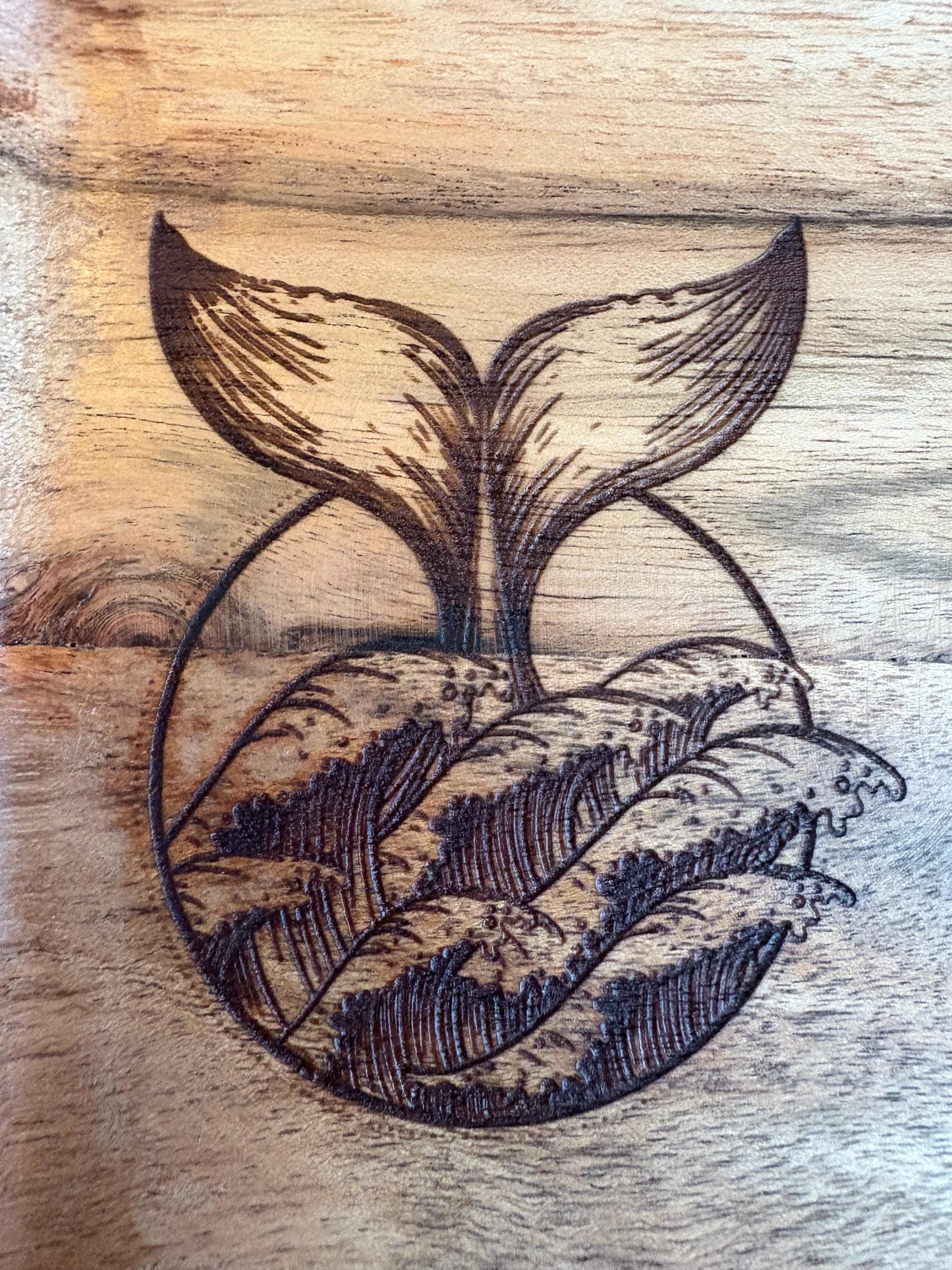 Whale Fin Teak Tray: Beautifully Engraved Wood Dish