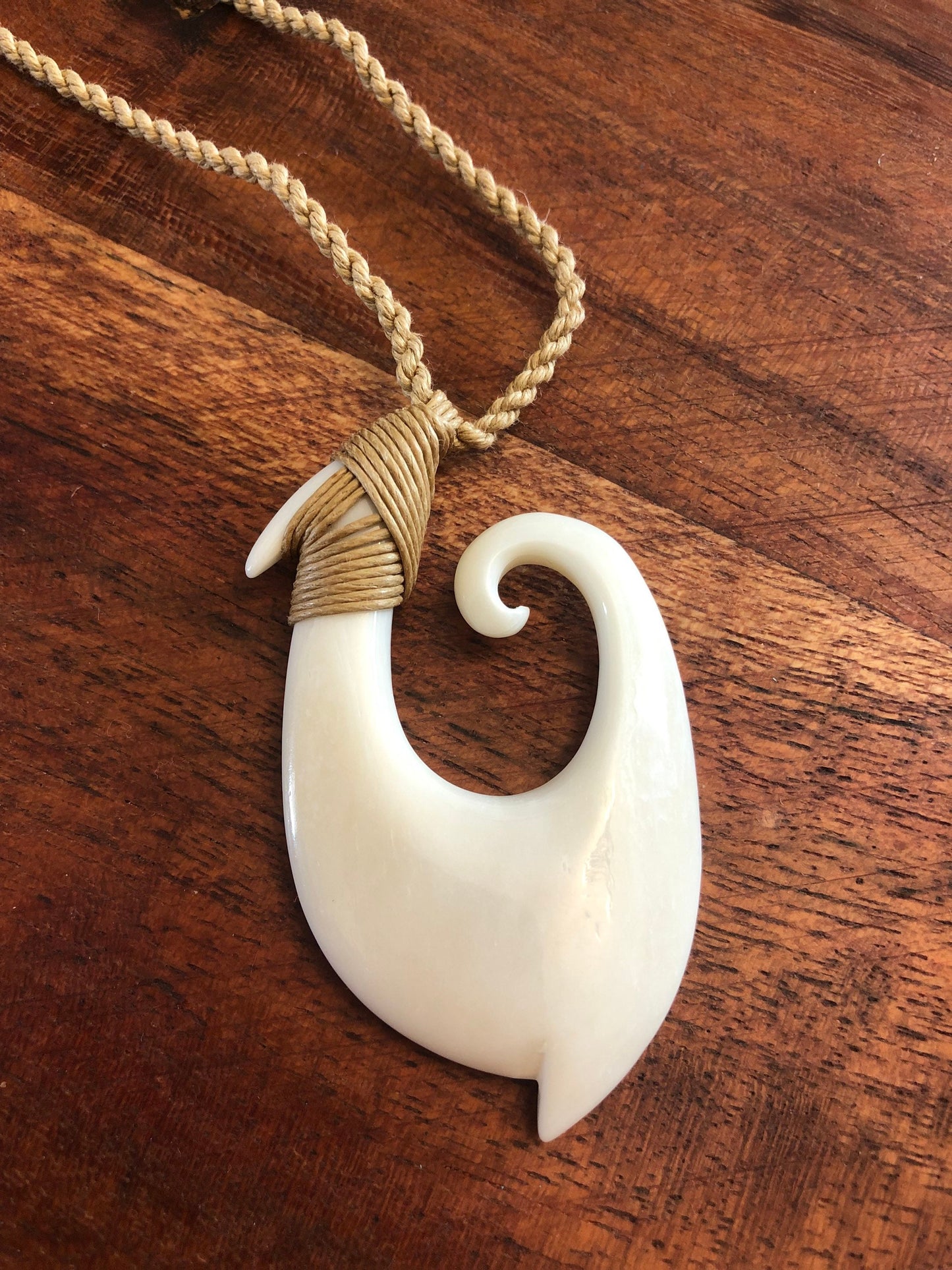 Unique Handsomely Polished Hand-Carved Buffalo Bone Hei Makau (Fish Hook) with Koru Tip