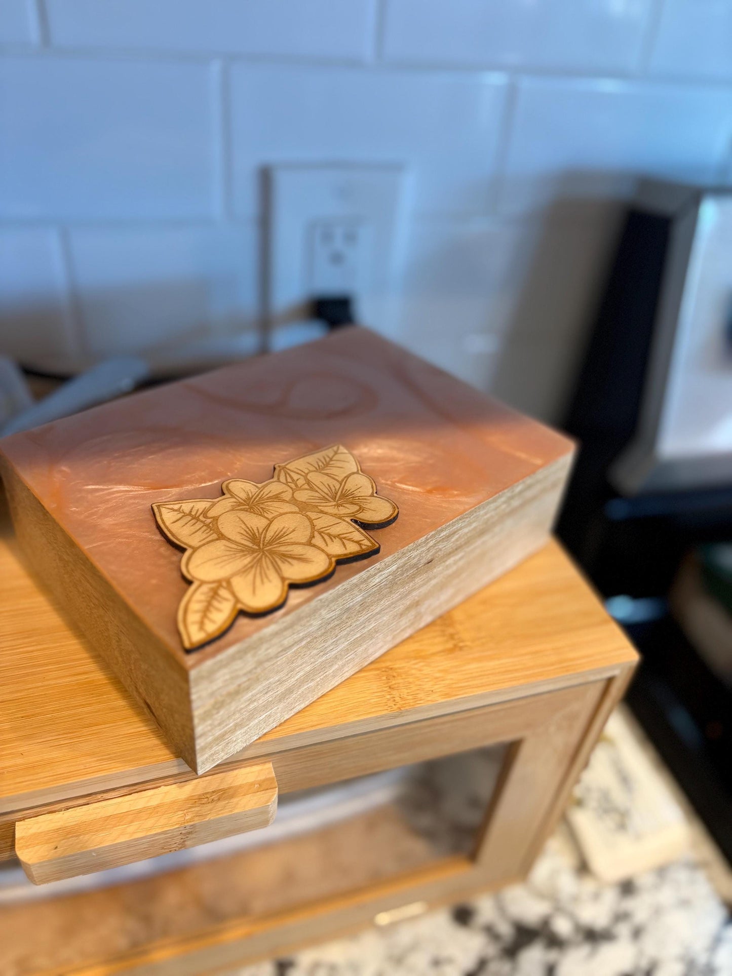 Hand-Crafted Polynesian & Micronesian Wooden and Faux Shell Inlay Box with a Plumeria Burned Wood Decor