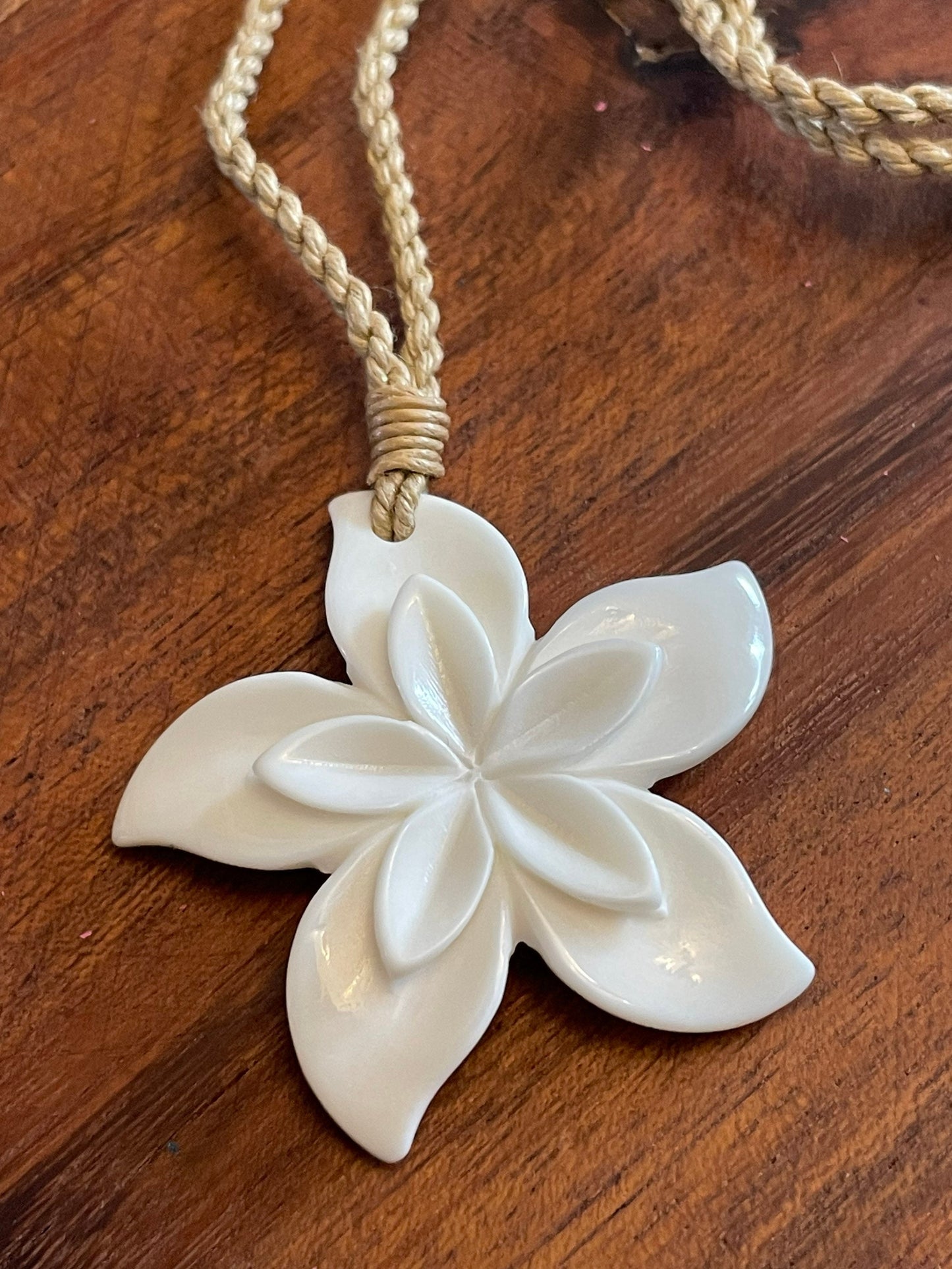 Hand Carved Bone Plumeria Necklace: Polynesian Boho Jewelry