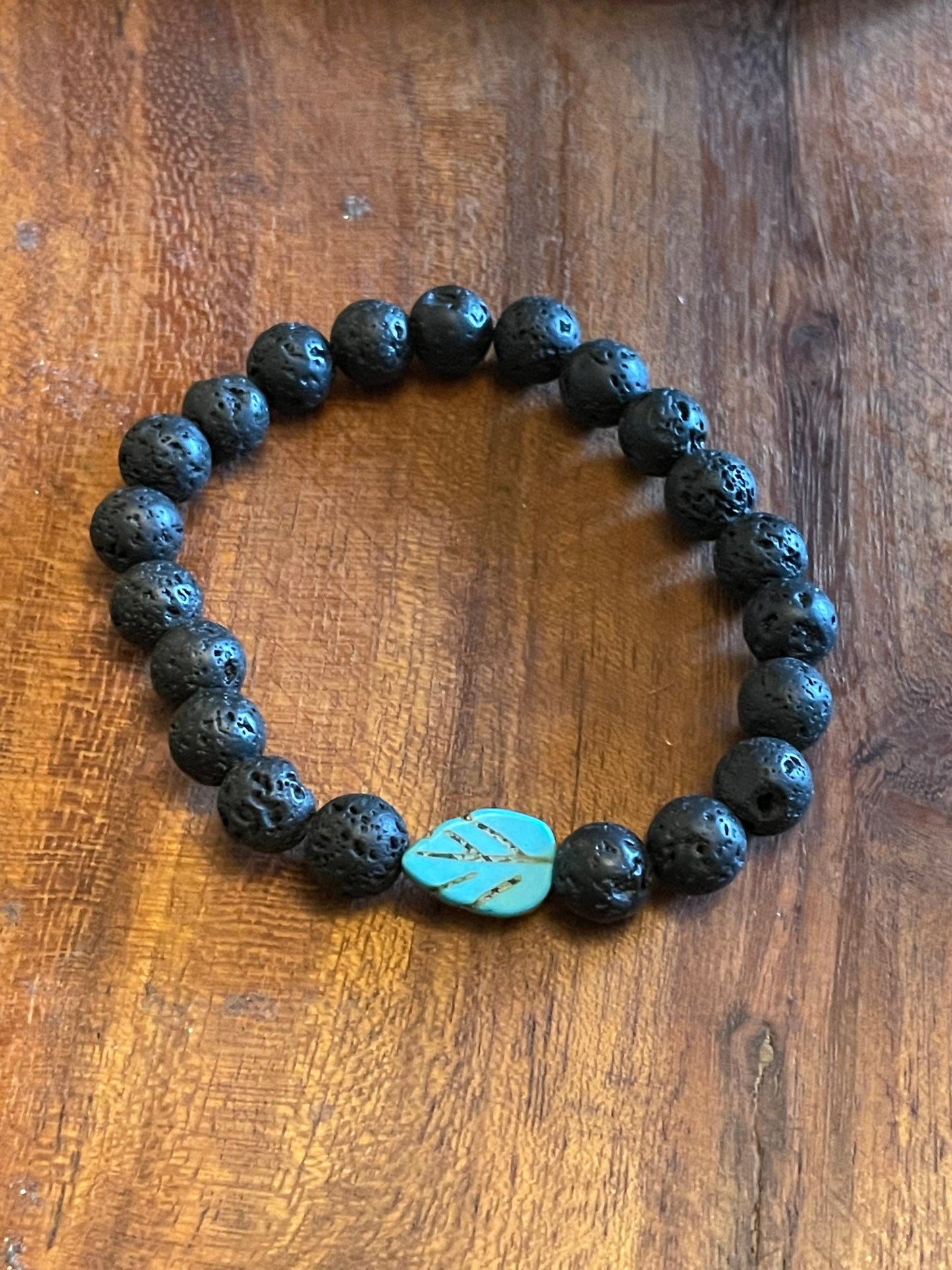 Authentic Lava Bead Elastic Bracelet with Sweet Clay Bead Leaf/Feather Accent