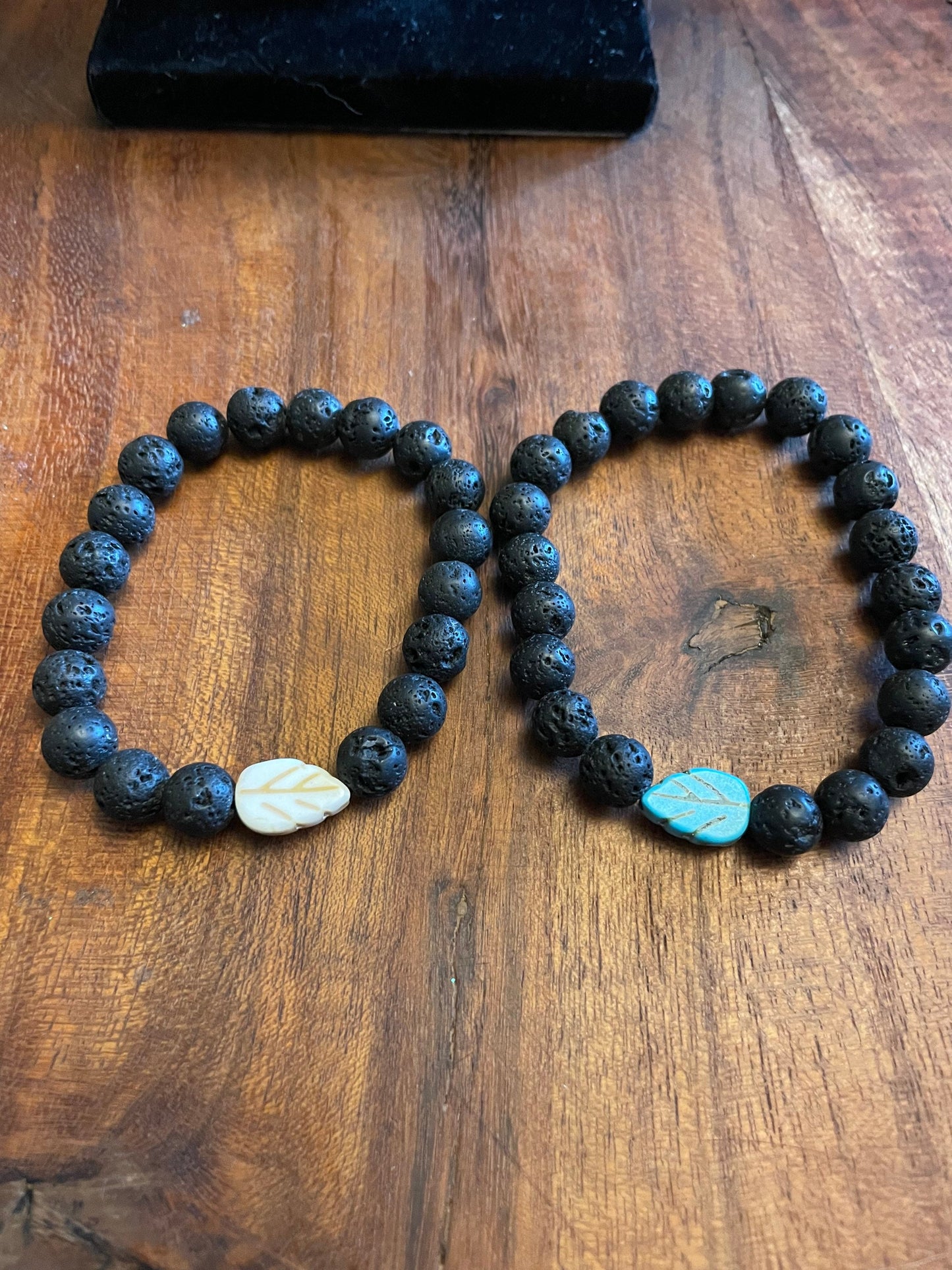 Authentic Lava Bead Elastic Bracelet with Sweet Clay Bead Leaf/Feather Accent