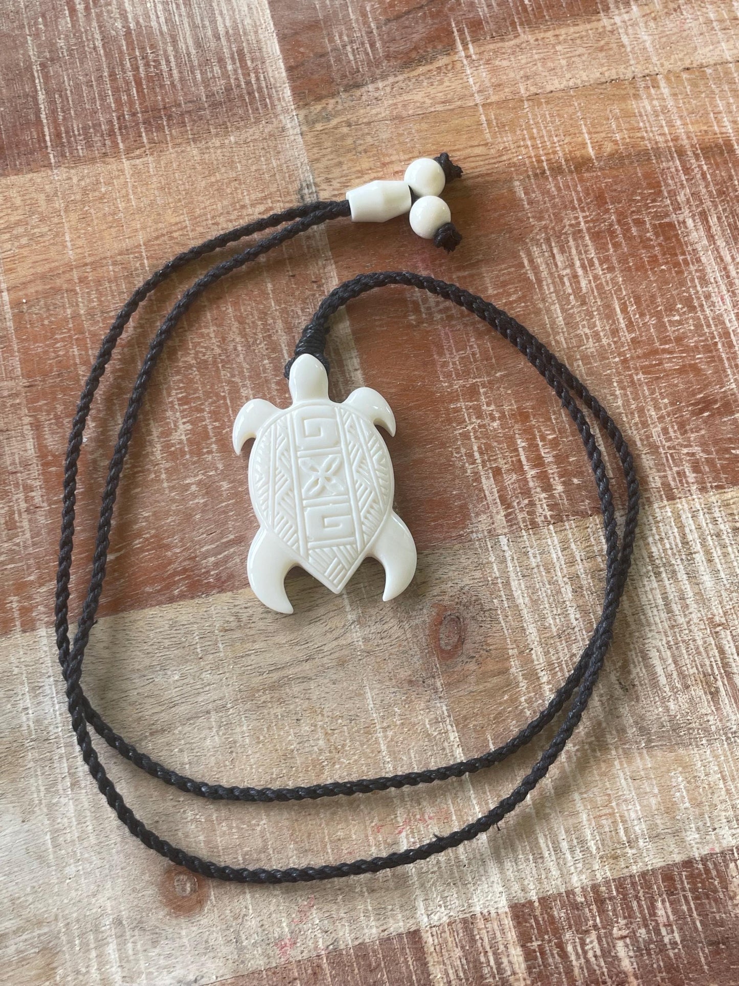 Hand Carved Buffalo Bone Sea Turtle Pendant - Adjustable Boho Necklace