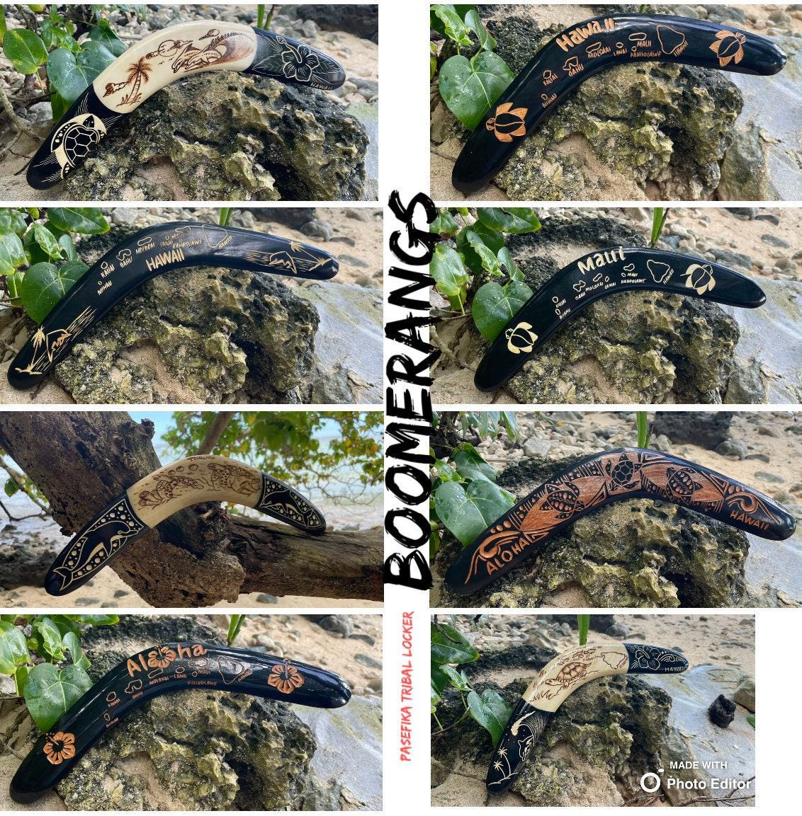 Aboriginal Polynesian Solid Wood Boomerangs with Hand Carved Hawaiian Maps, Symbols and Aloha!