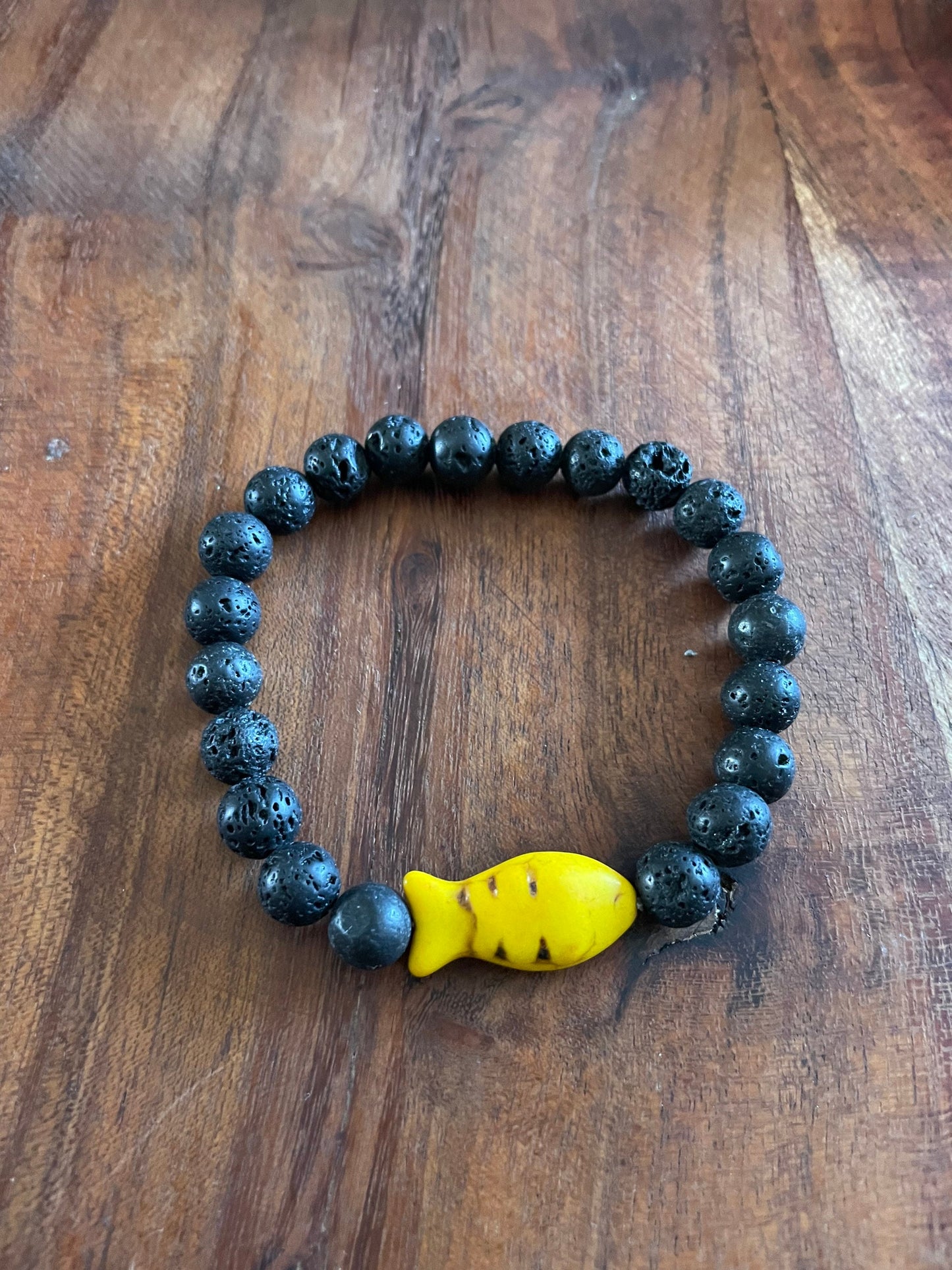 Authentic Lava Bead Elastic Bracelet with Clay Fish Bead