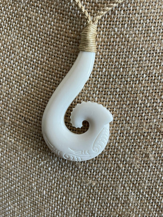 Hand Carved Buffalo Bone Makau Necklace - Adjustable Hawaiian Fish Hook