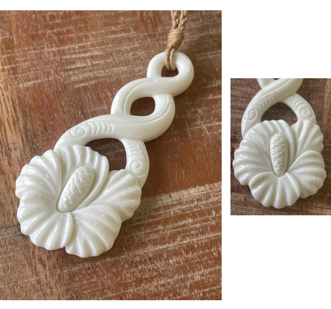 Hand Carved Bone Hibiscus Pendant Necklace - Adjustable Cord, Polynesian Jewelry