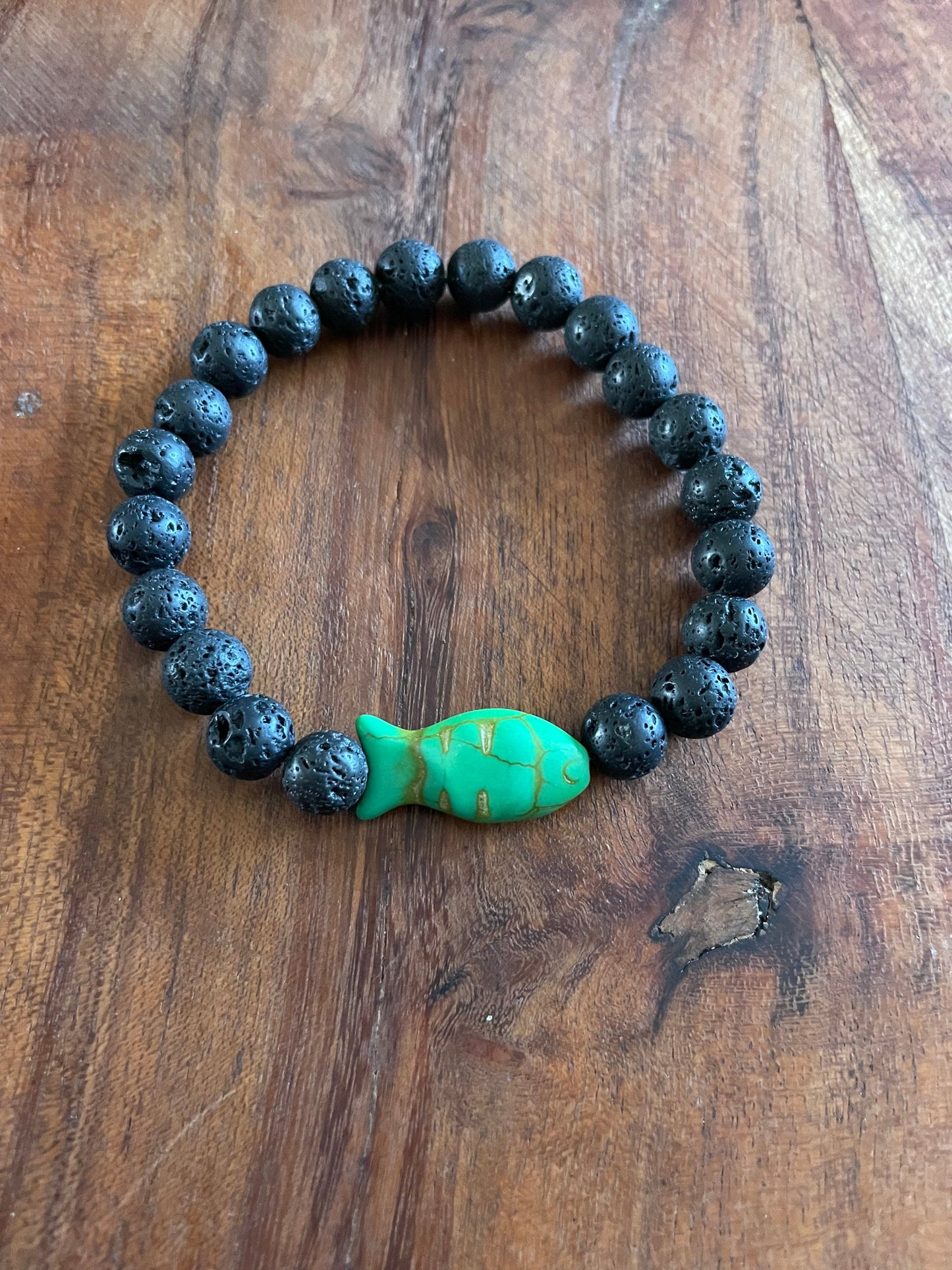 Authentic Lava Bead Elastic Bracelet with Clay Fish Bead
