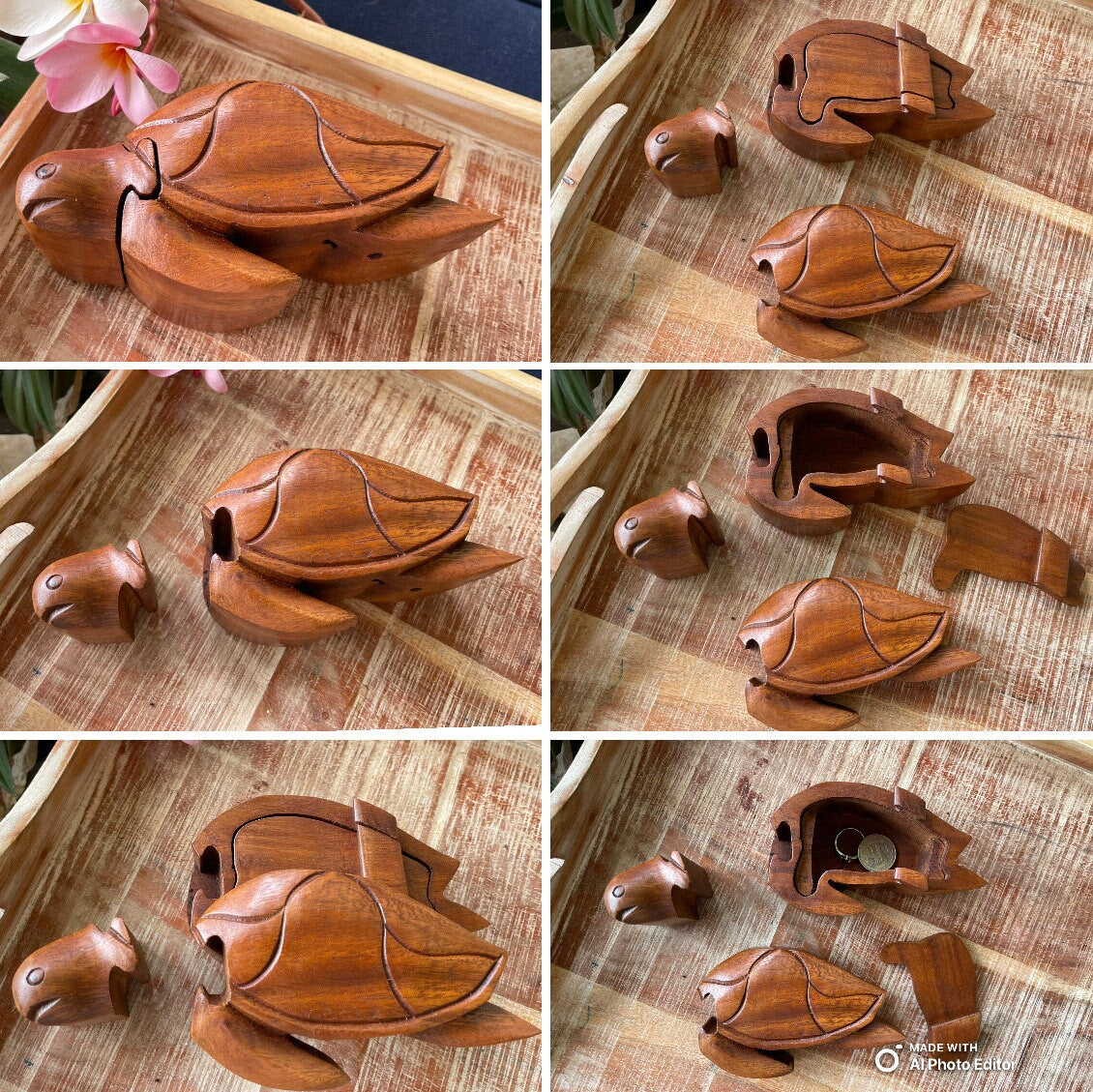 Handmade Sea Hibiscus Wood Turtle Puzzle Box – Hidden Compartment