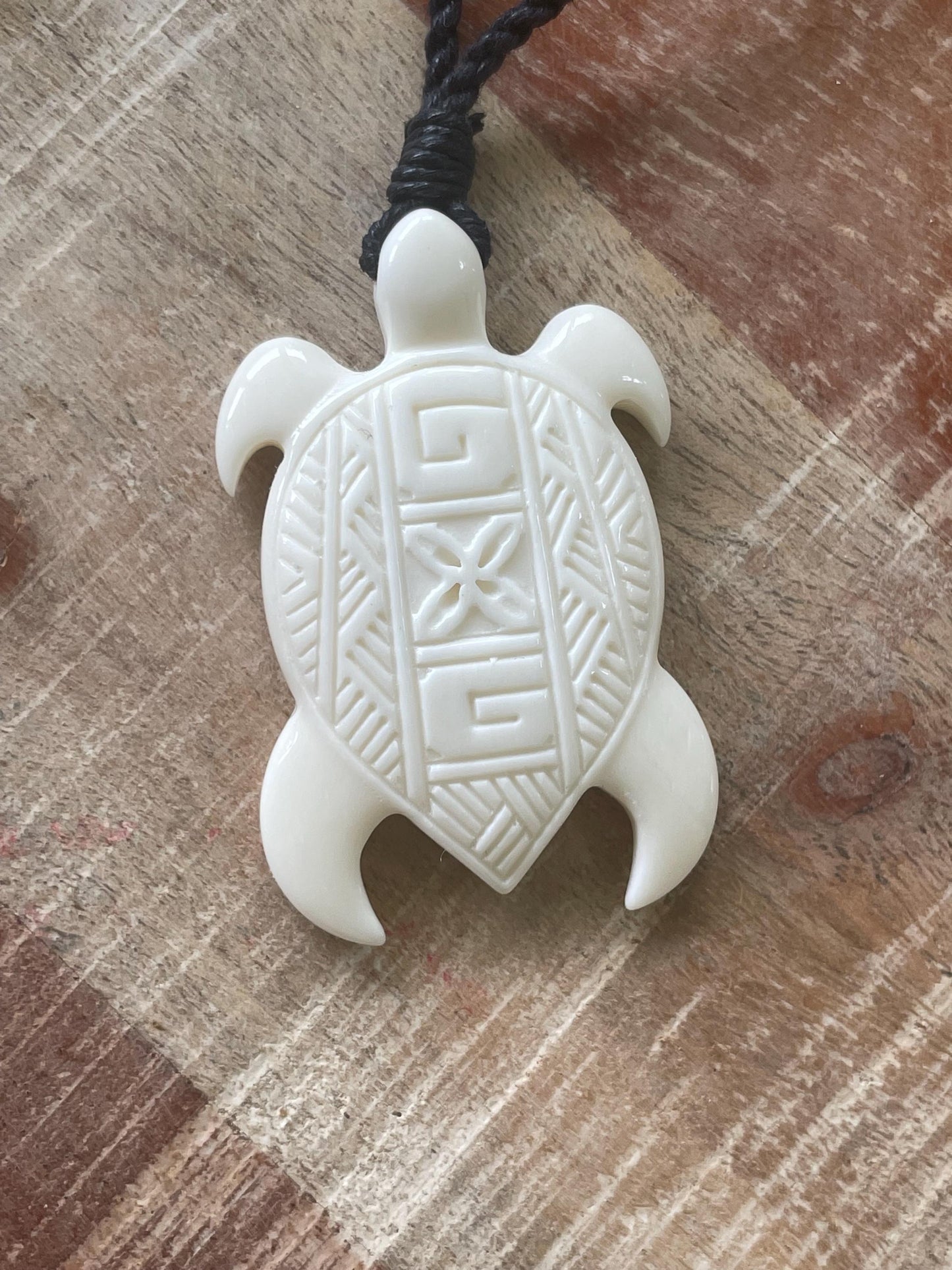 Hand Carved Buffalo Bone Sea Turtle Pendant - Adjustable Boho Necklace