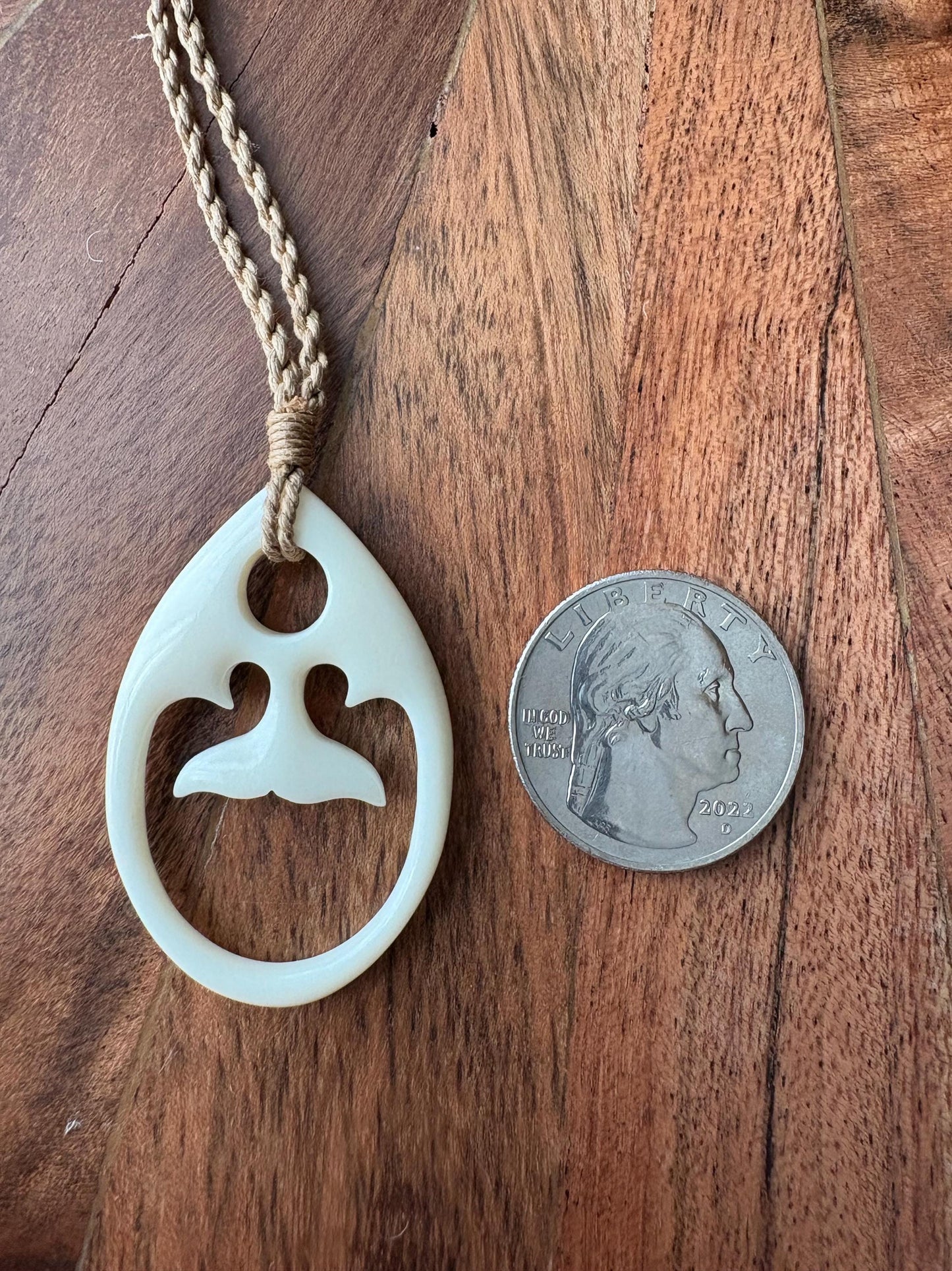 Solid Buffalo Bone Hand Carved Whale Tail Adjustable Pendant and Surfer Cord Necklace