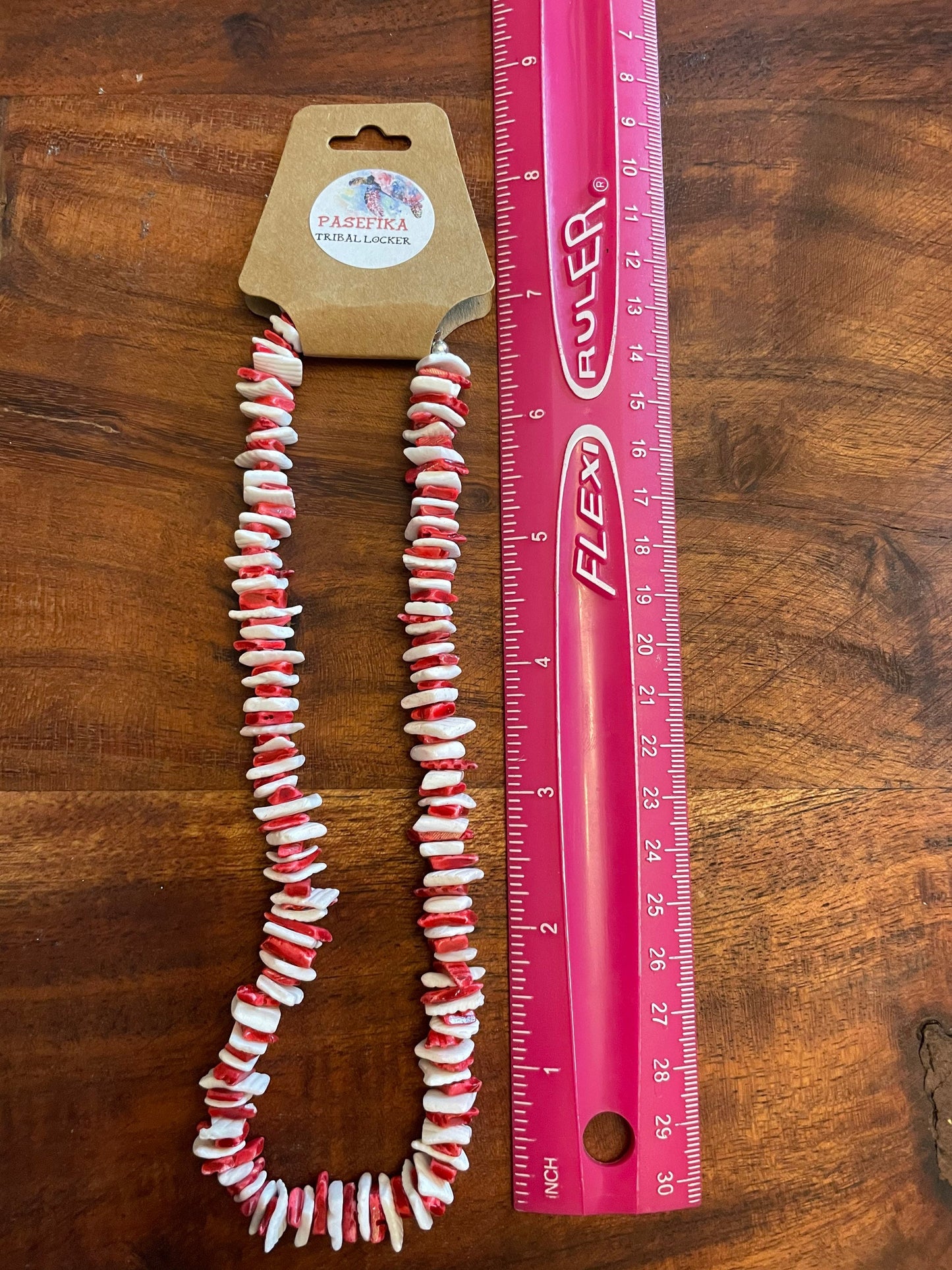 Red and White Puka Shell Necklace - Striped Retro Style, .925 Silver Clasp