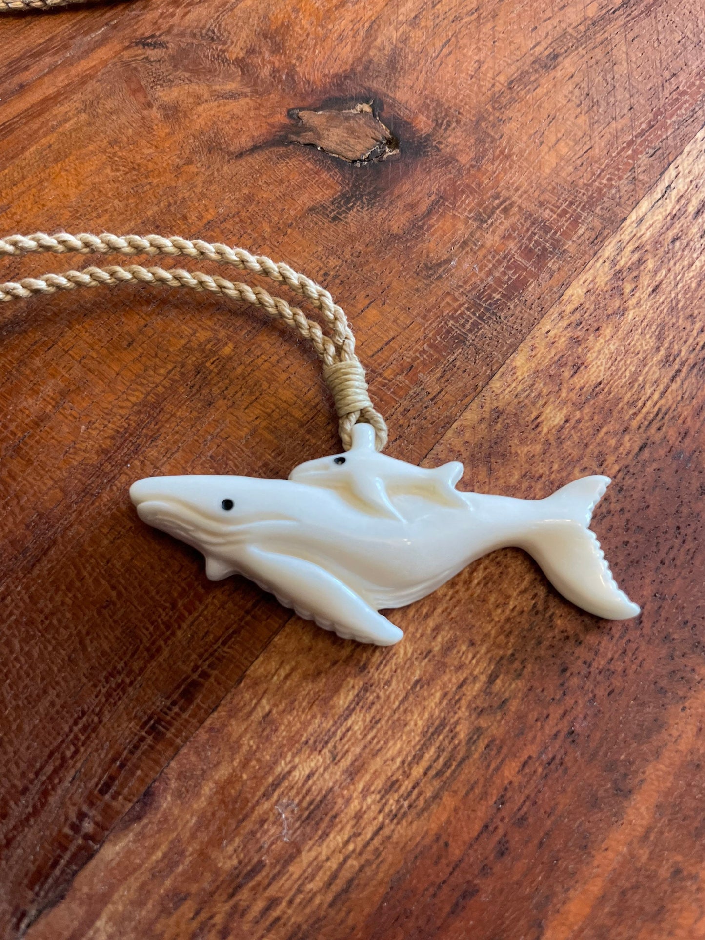 Hand Carved Bone Whale Necklace, Polynesian Mother and Baby