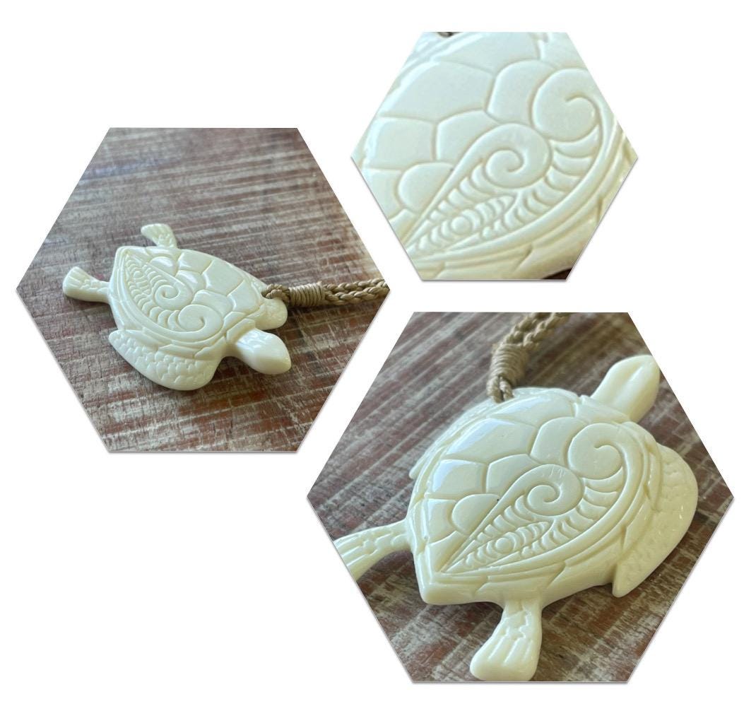 Hand Carved Buffalo Bone Sea Turtle Pendant – Adjustable Necklace